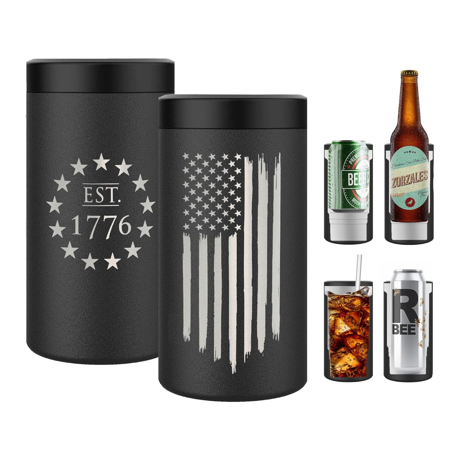 American Flag 4-in-1 insulated can cooler by Military Gift Shop, fits most bottles and cans, with patriotic flag design.