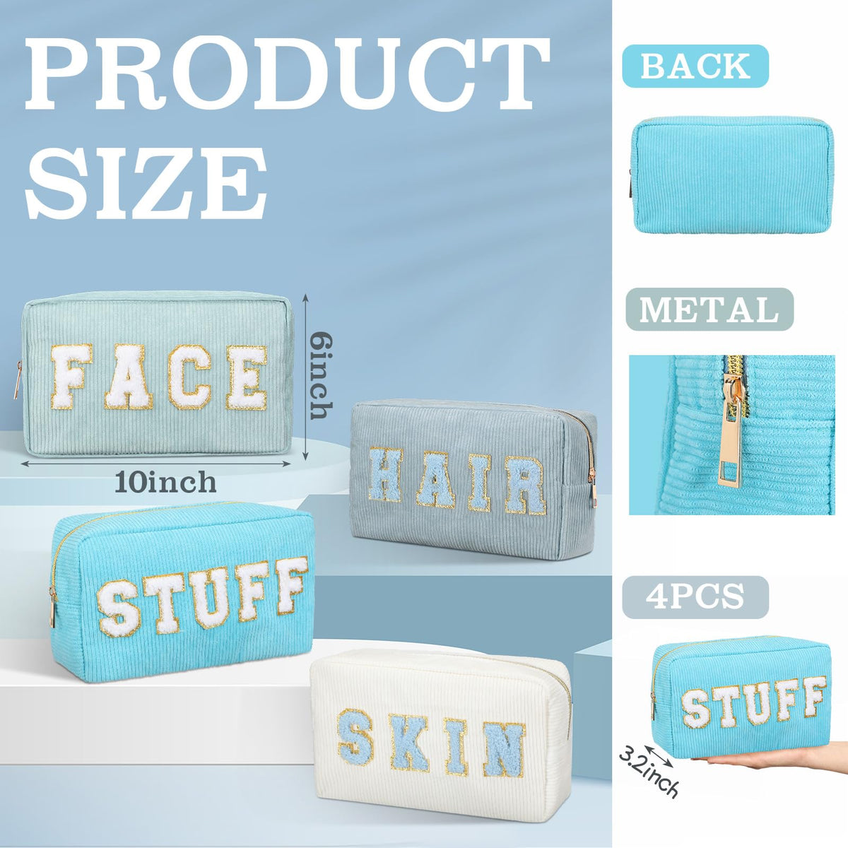 4 Preppy Chenille Letter Makeup Bags Blue Series Colors - Pinkunn Official Imagery - 3