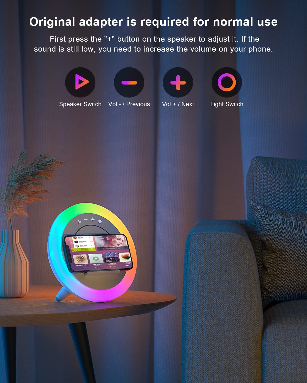 Swarmir Bluetooth Speaker with Lights, Wireless Charging Speaker, by Swarmir - Angle View 2