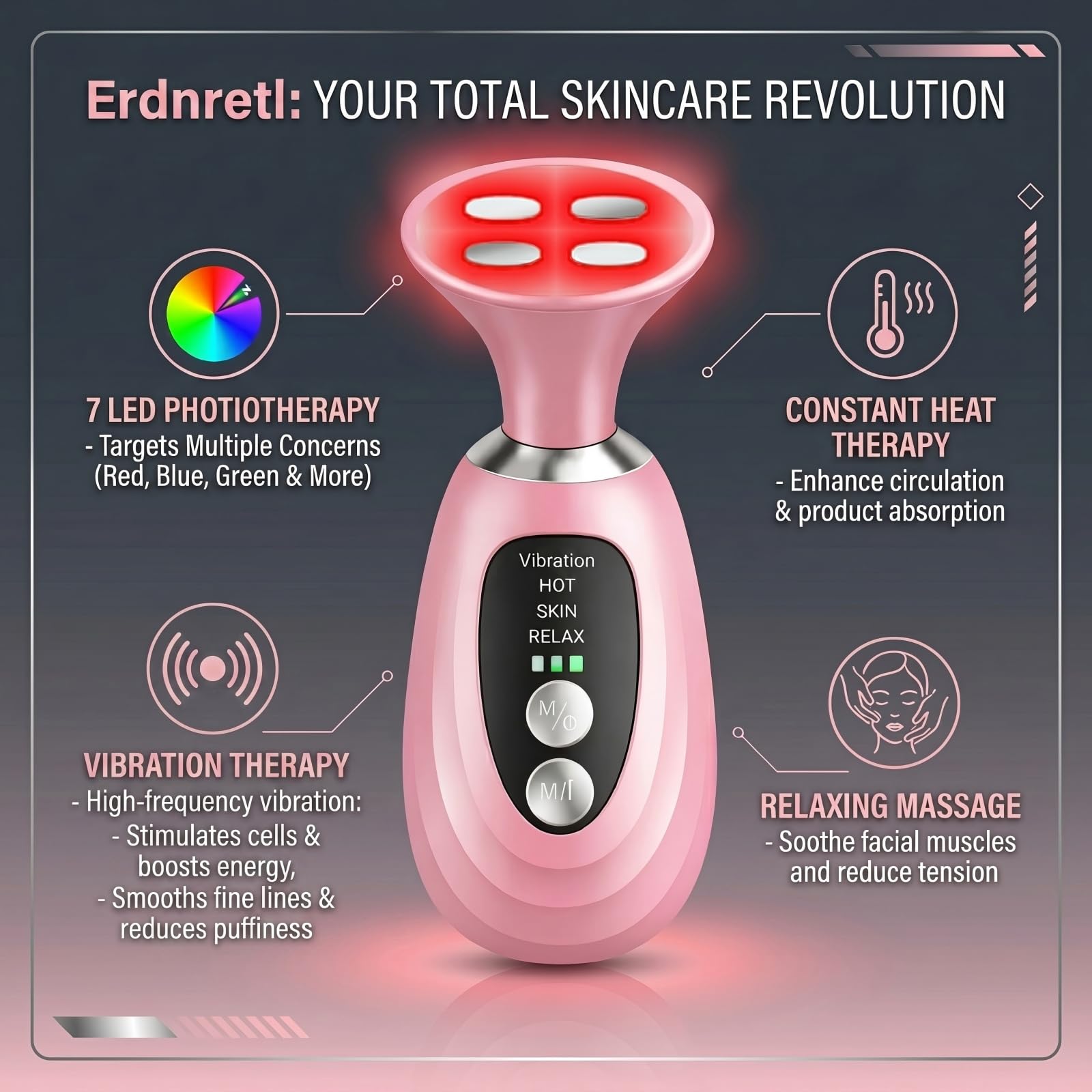 3-in-1 Facial Massager for Face Neck and Scalp,7-Color LED Light - erdnretl