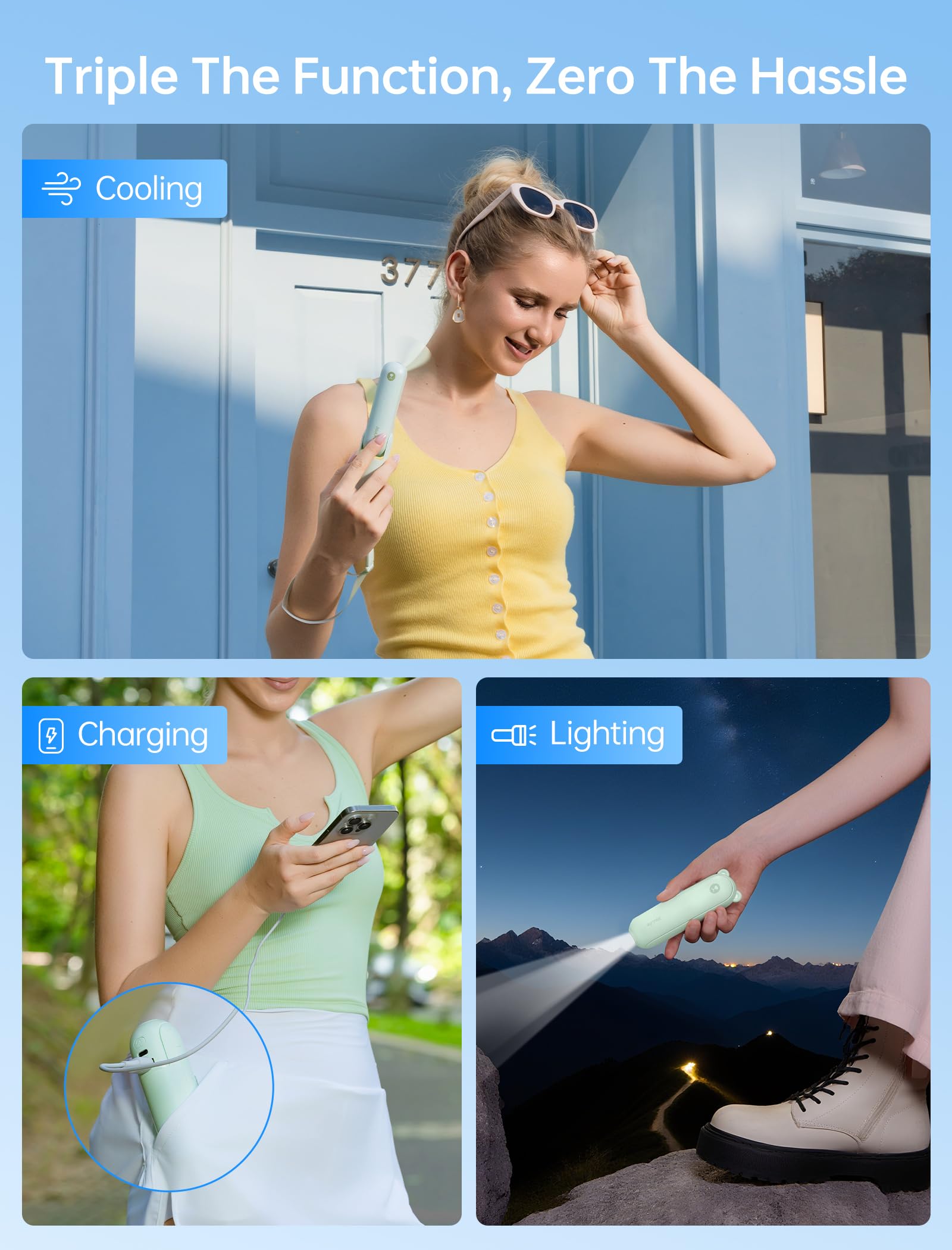JISULIFE 3 IN 1 Portable Fan with Power Bank & Flashlight Feature by JISULIFE - Angle View 2