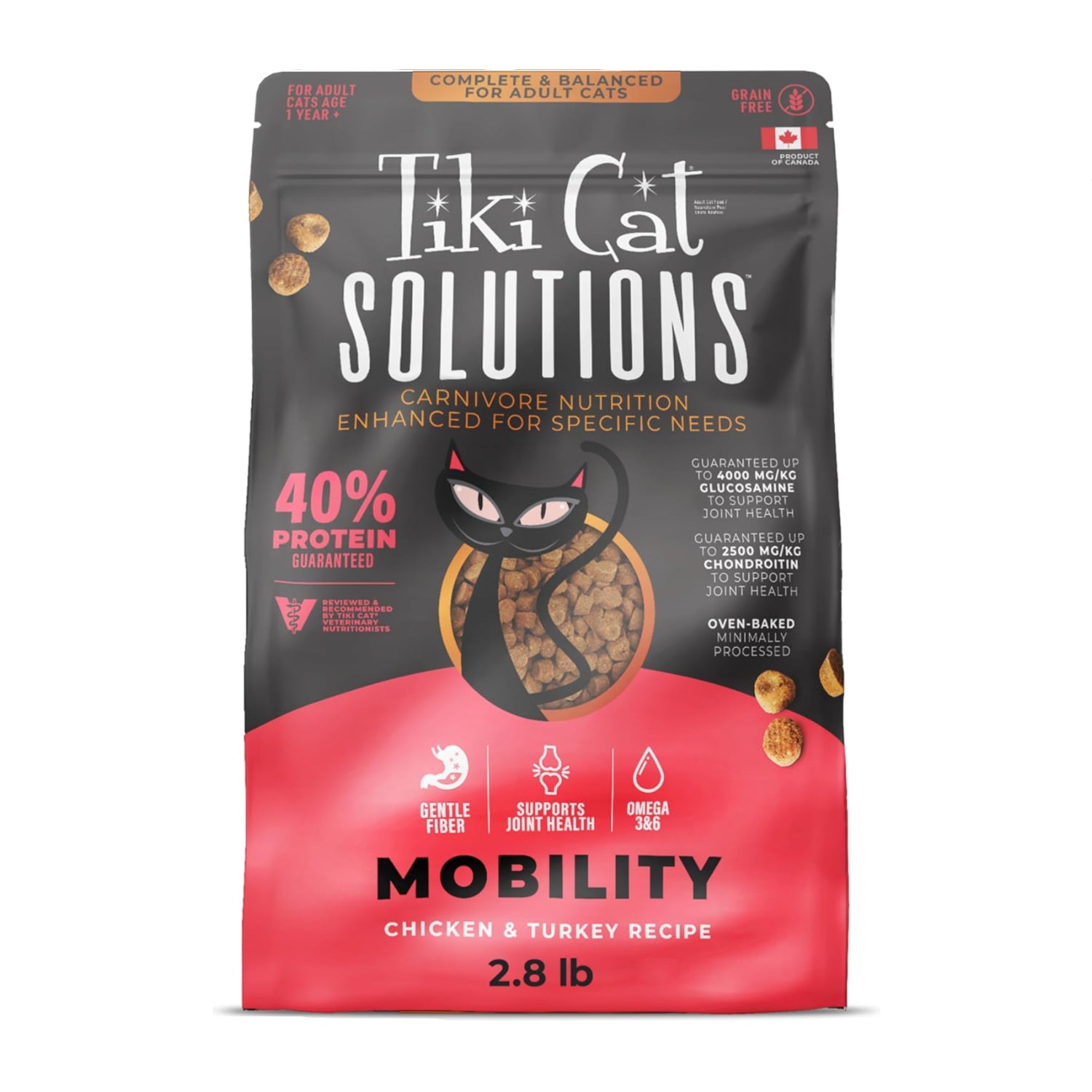 Tiki Cat Solutions Dry Cat Food for mobility with chicken and turkey, 2.8 lbs bag, featuring shredded chicken and grains in a resealable bag