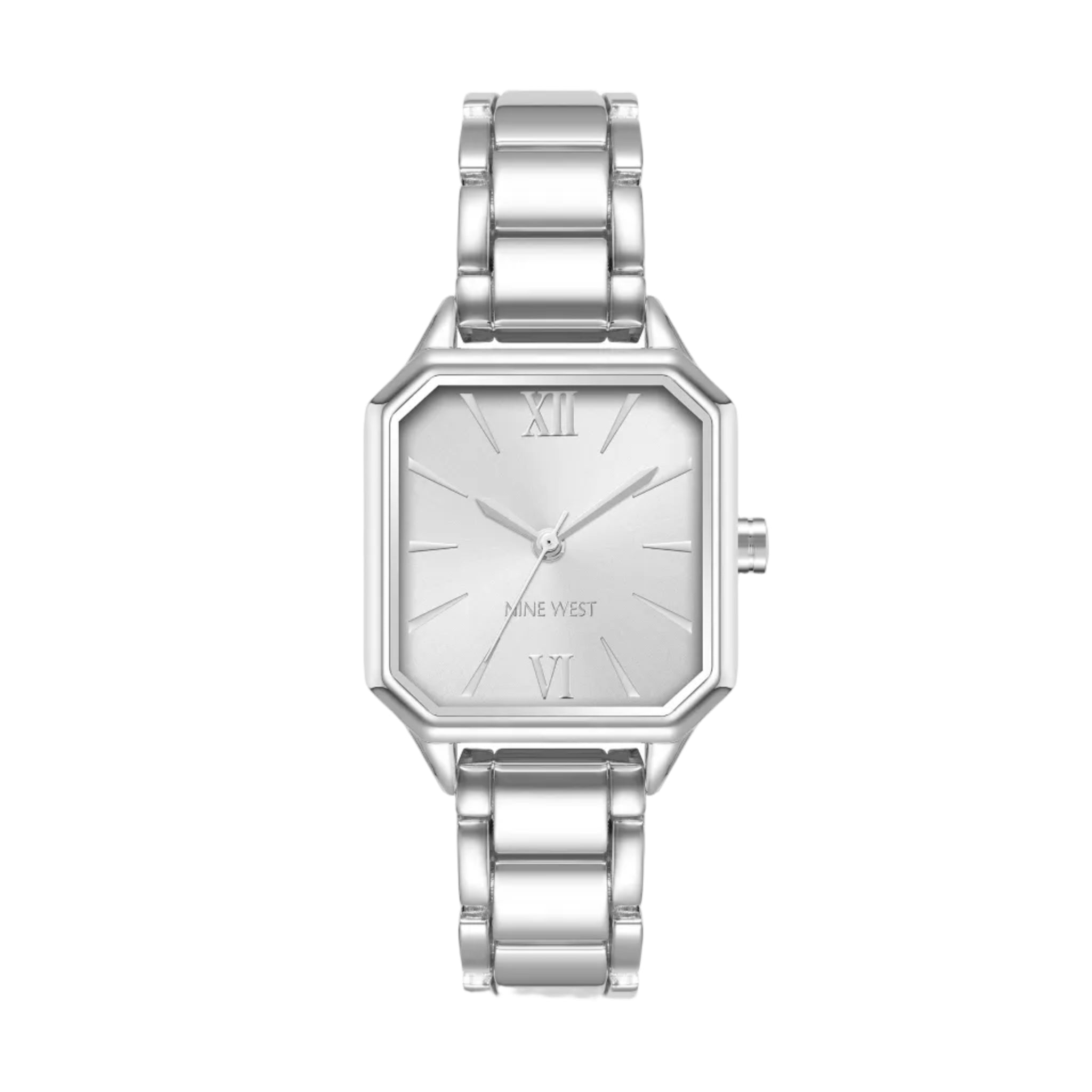 Nine West women's analog watch with a silver-tone stainless steel octagonal case, matching silver link bracelet, and a white dial with Roman numeral hour markers.