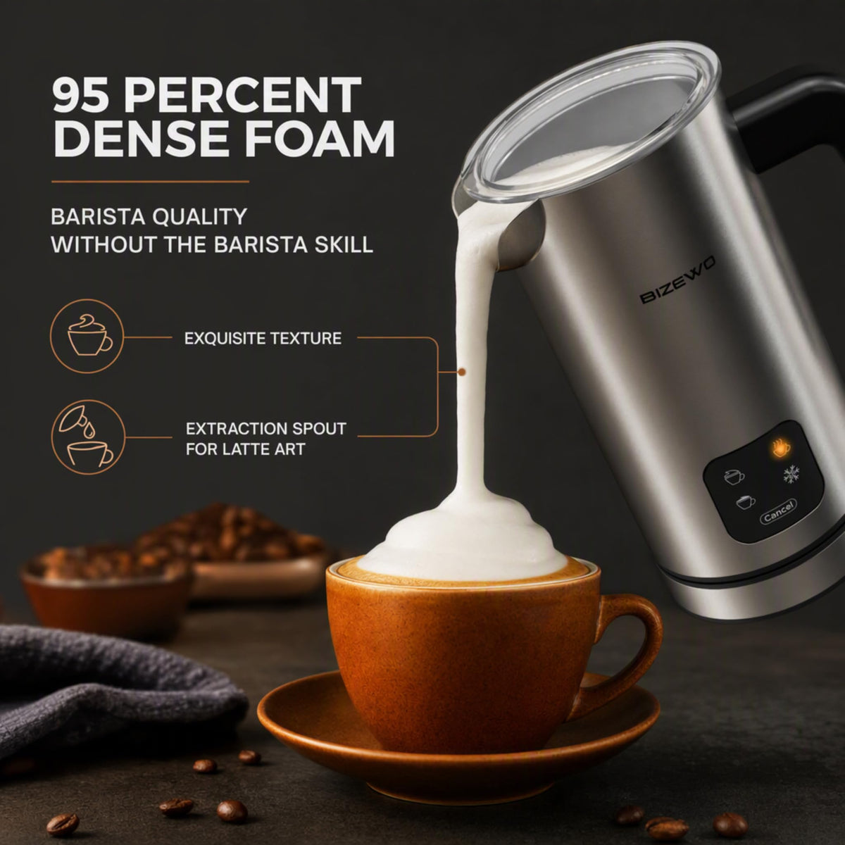 Milk Frother Electric 4 IN 1 Warm and Cold Milk Steamer for - BIZEWO Official Imagery - 3