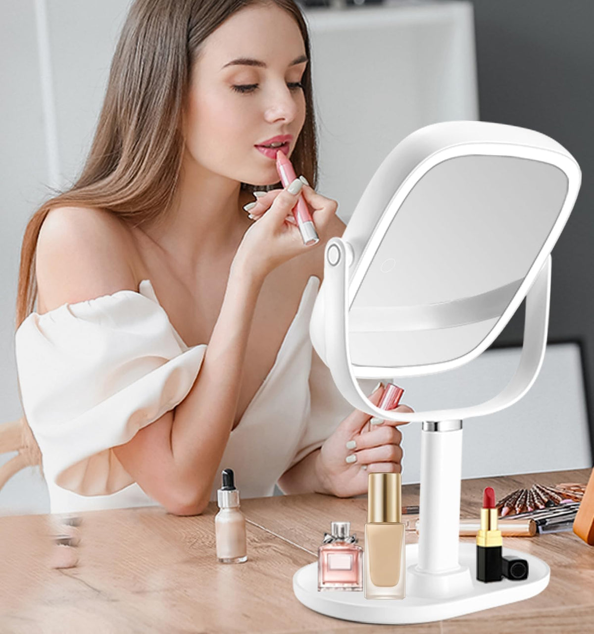 Lighted Makeup Mirror Height Adjustable with Magnification - Vanmirr Official Imagery - 3
