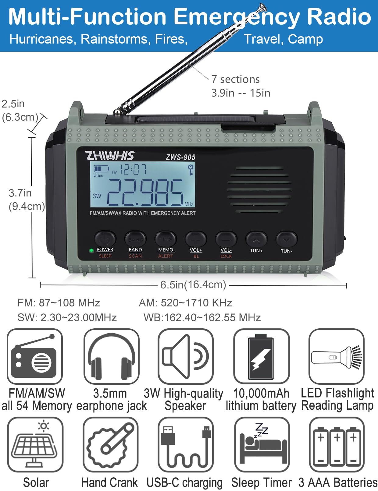 ZHIWHIS Emergency Radio with Auto NOAA Alerts, 10000mAh AM FM SW by ZHIWHIS - Angle View 2