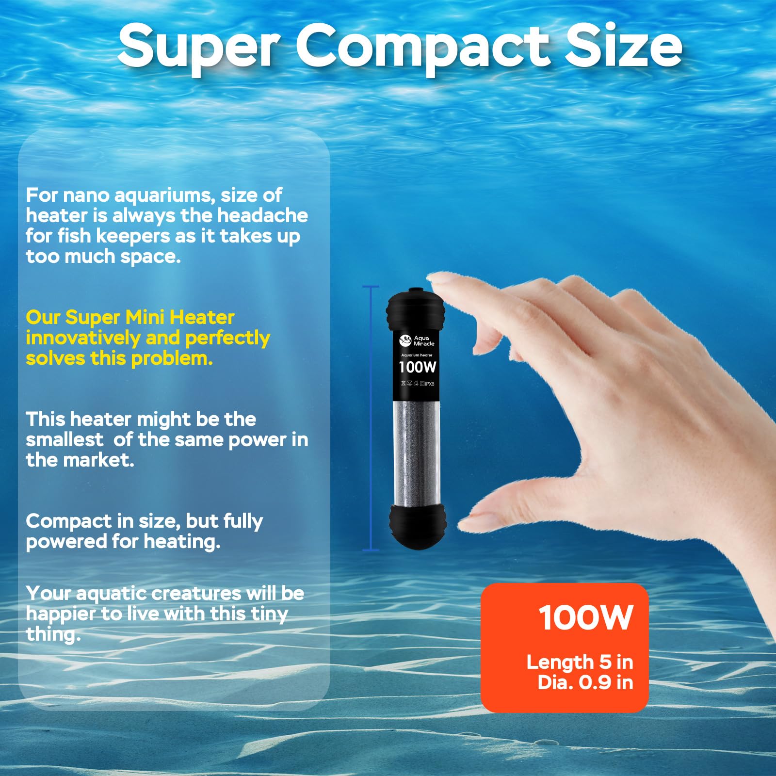AquaMiracle 100W Small Aquarium Heater Fish Heater, Super Mini Fi - AquaMiracle Official Product View 2