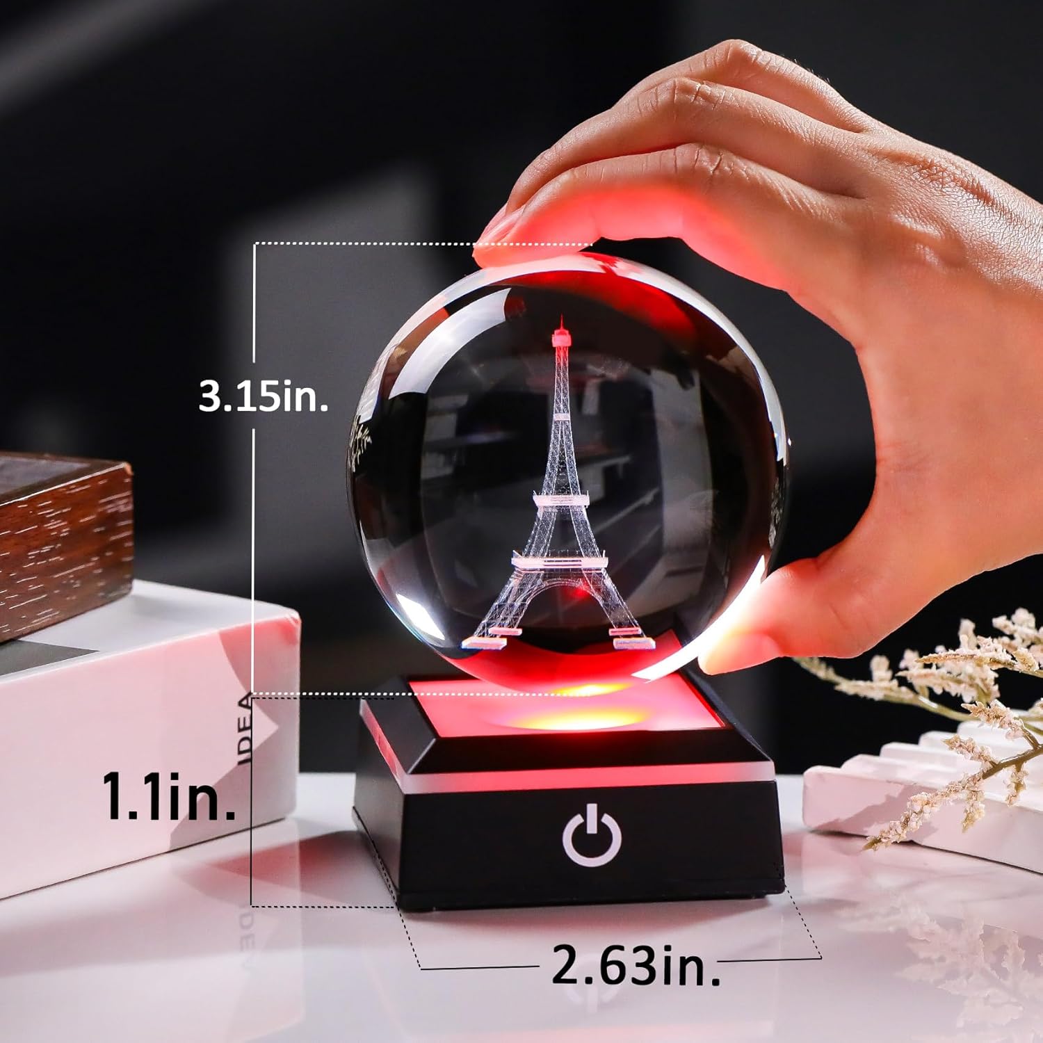 Enjinkail 3D crystal snow globe featuring Paris Eiffel Tower design with snow inside, decorative gift item for home or office.