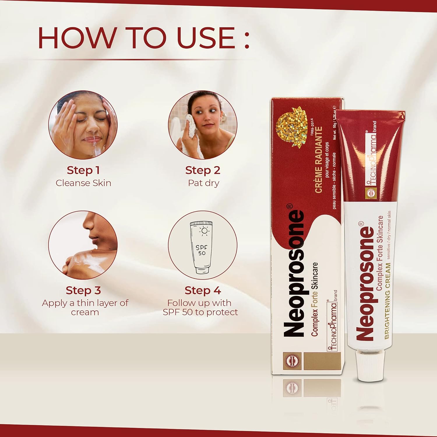 Neoprosone Skin Brightening Cream in 1.7 fl oz bottle, showing smooth cream and brightening packaging for dark spot fading.