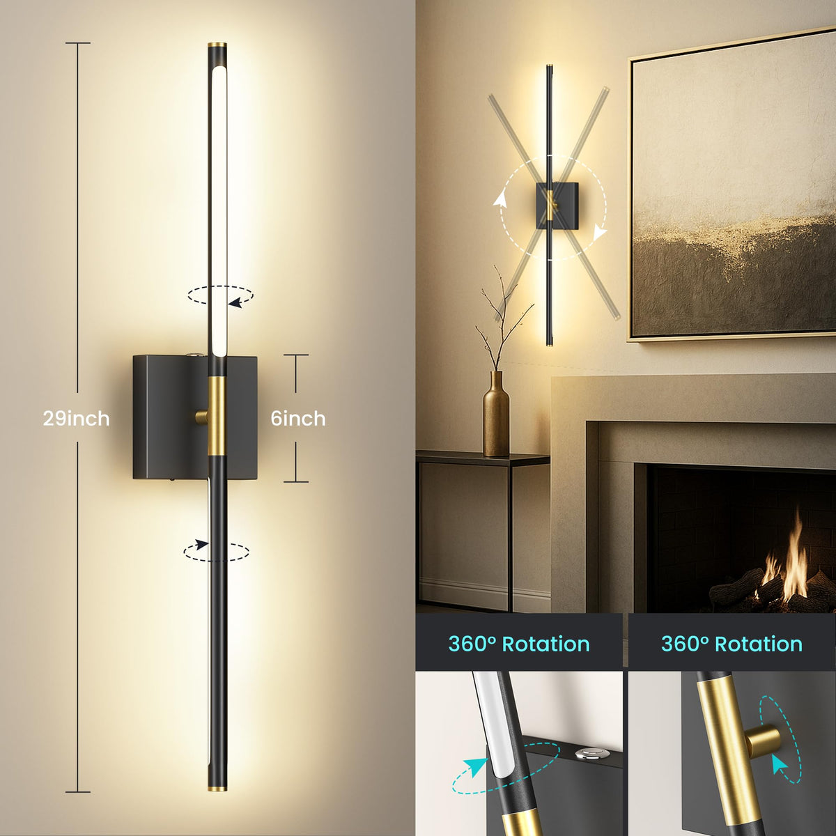 10000mAh Battery Operated Wall Sconces Set of 2 Black Gold - SyncGlow Official Imagery - 5