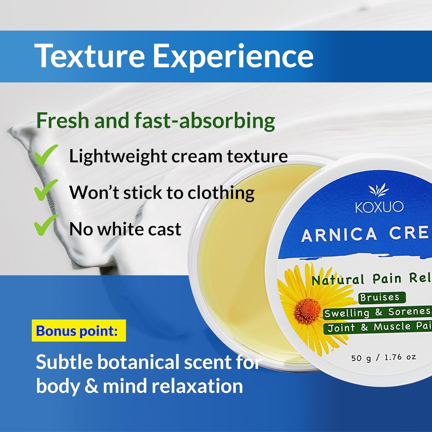 KOXUO Arnica Cream botanical body moisturizer in 50g tube, designed to soothe and hydrate skin with natural ingredients.