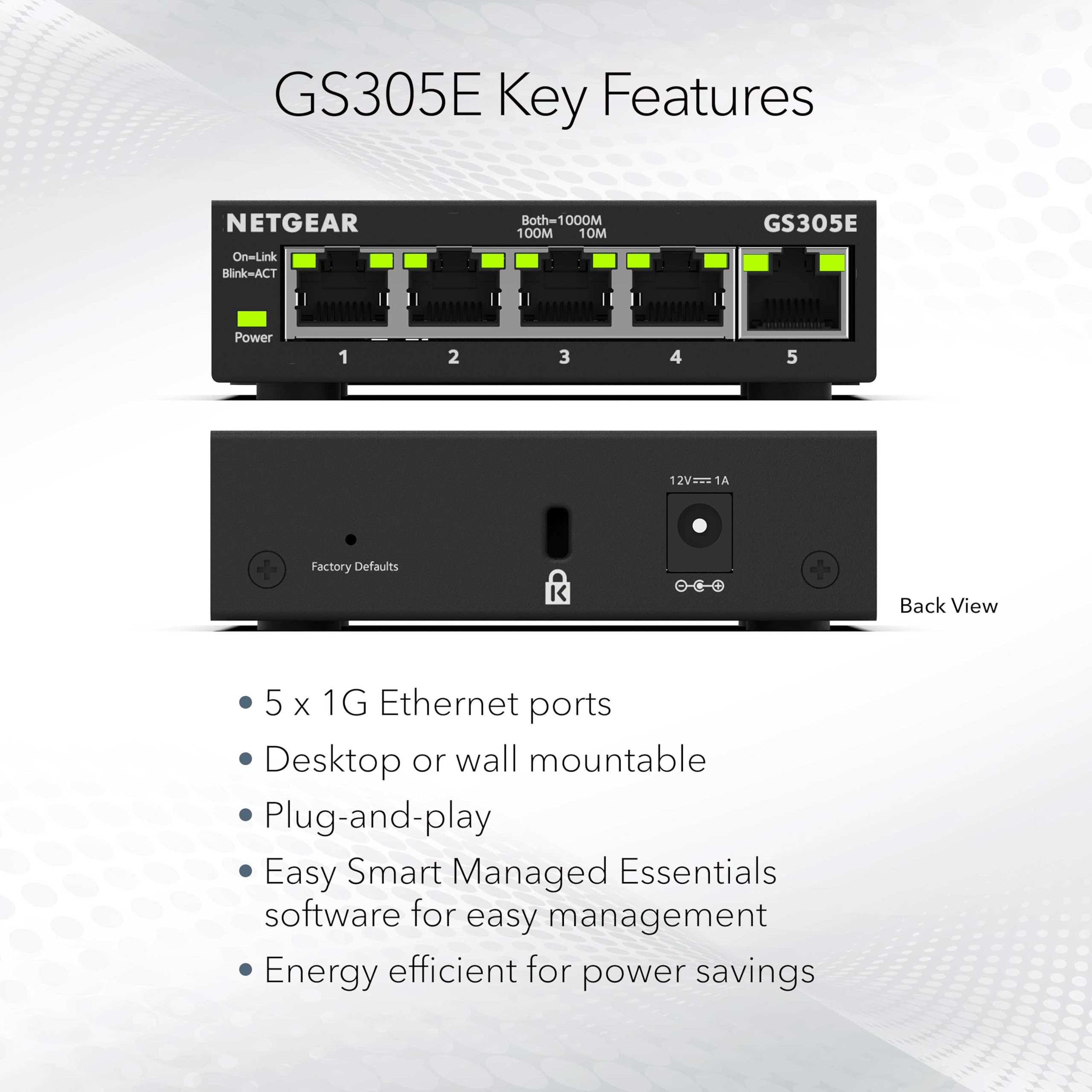 NETGEAR 5-port Gigabit Ethernet smart managed network switch with LED indicators and compact design.