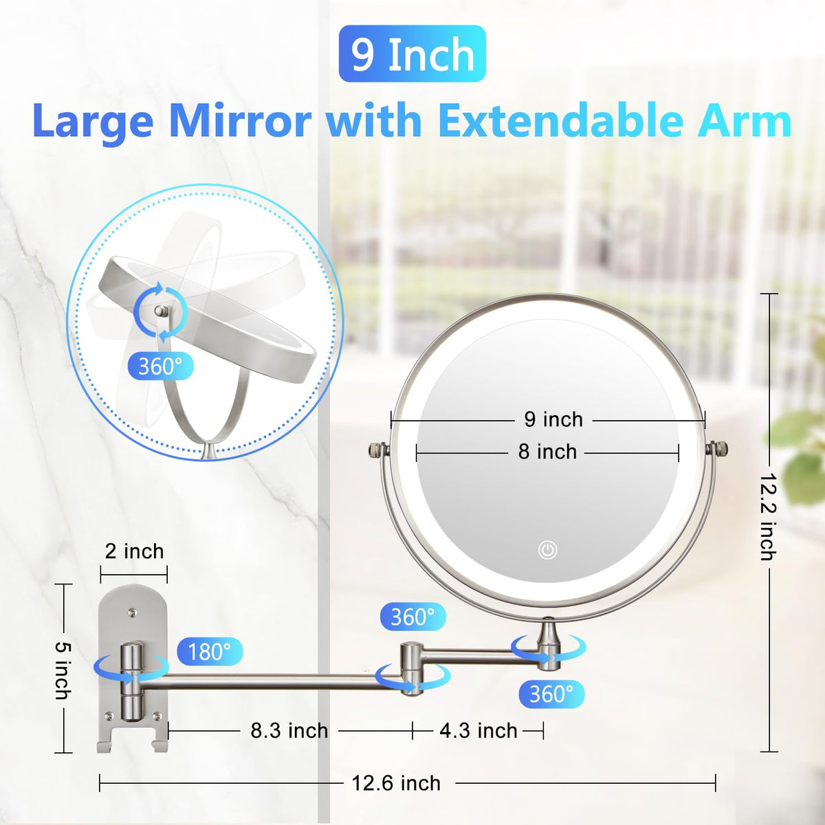 9 Wall Mounted Lighted Makeup Mirror Rechargeable 1X 15X - ALHAKIN Official Imagery - 4