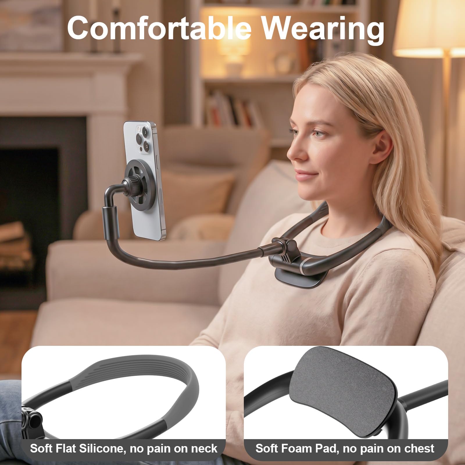 LenTok magnetic neck phone holder for iPhone, portable electronic device stand, hands-free for reading, video recording, and watching movies.