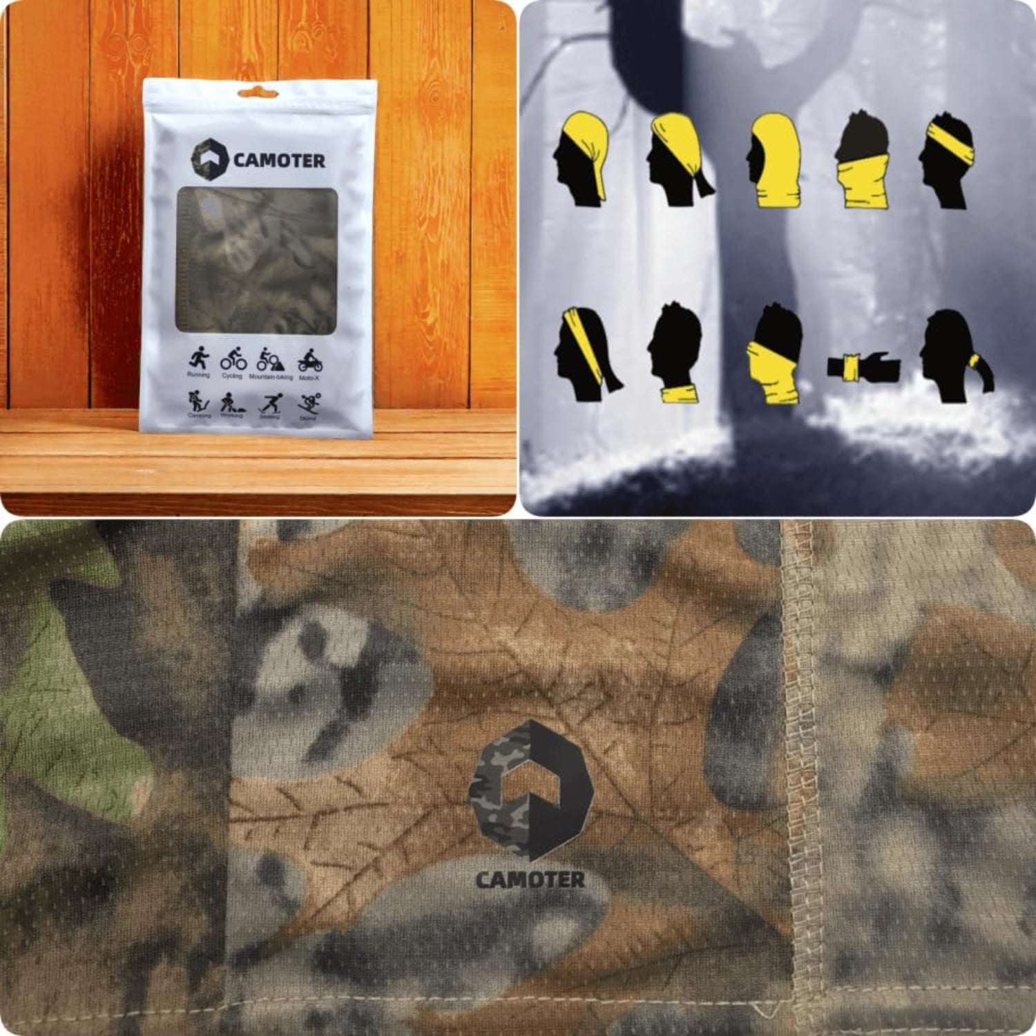 Camouflage balaclava ski face mask by CAMOTER, UV protection for hunting and fishing, worn over face and head for outdoor activities.