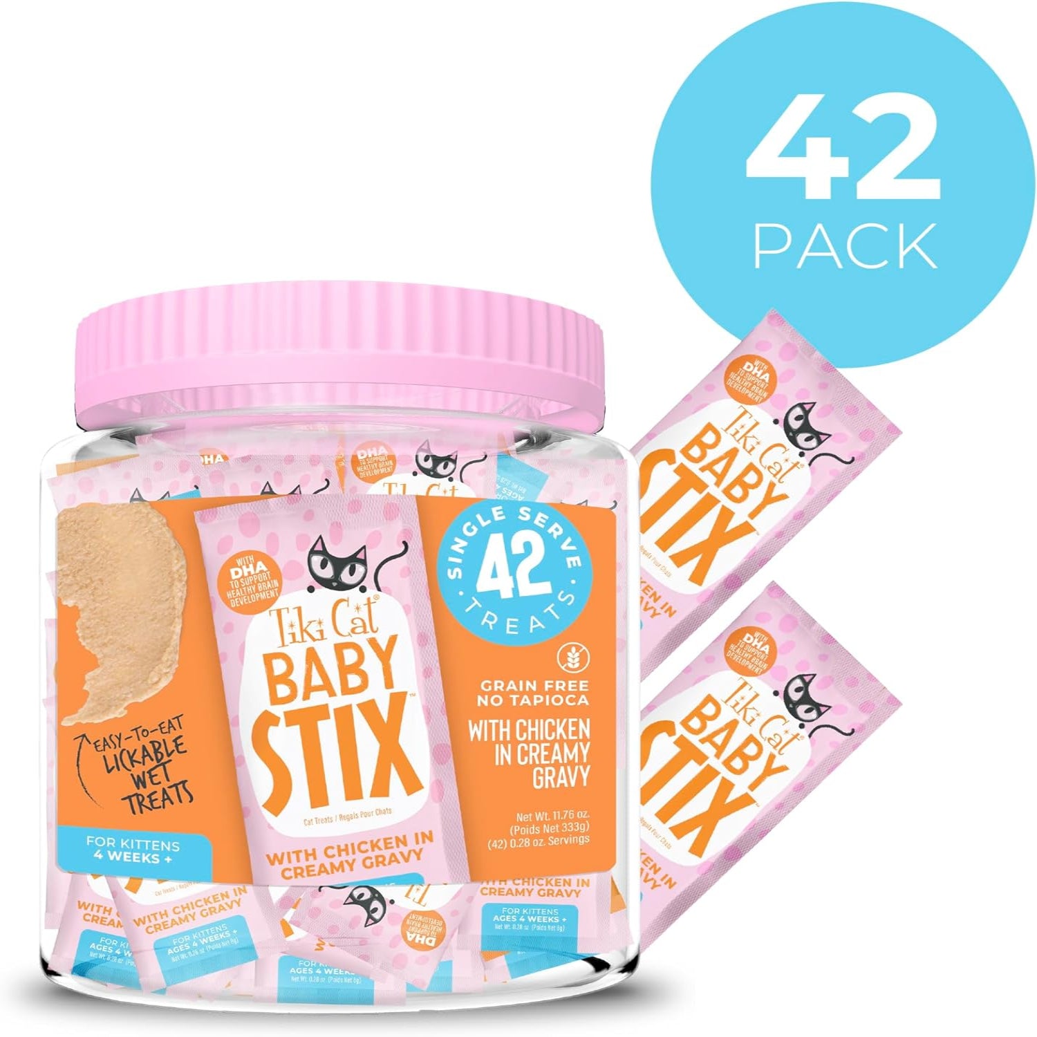 Tiki Cat Baby Stix wet cat treats in creamy chicken gravy, 0.28 oz sachets, 42-pack jar, for feline snack time.