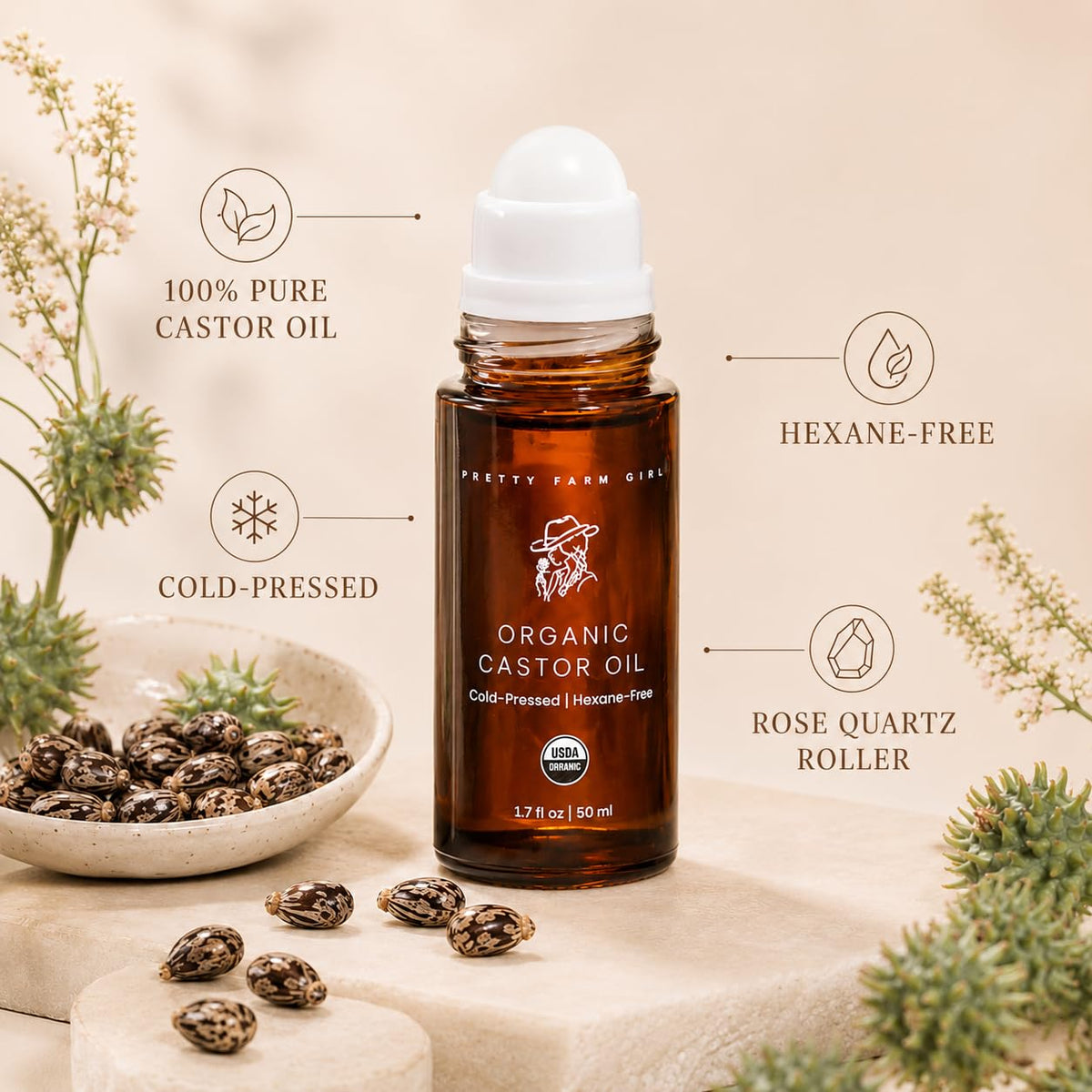 Organic Castor Oil Roller with Rose Quartz Roller Ball - Pretty farm girl Official Imagery - 3