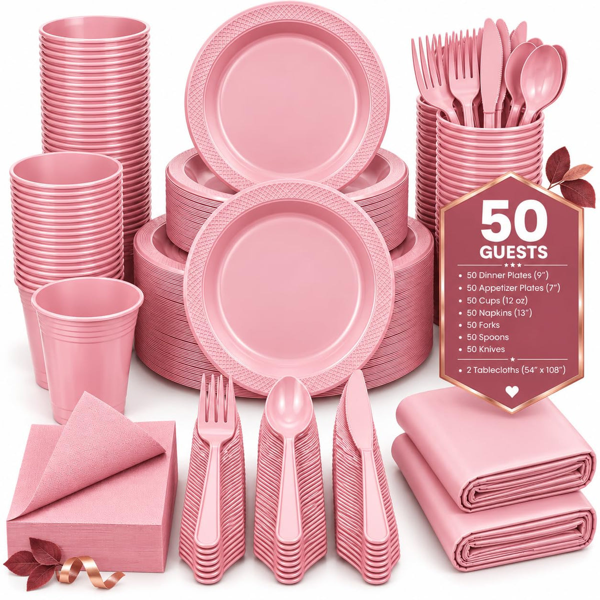 Tinybee 352 Pcs Pink Plastic Plates Disposable Dinnerware - Tinybee Official Imagery - 1