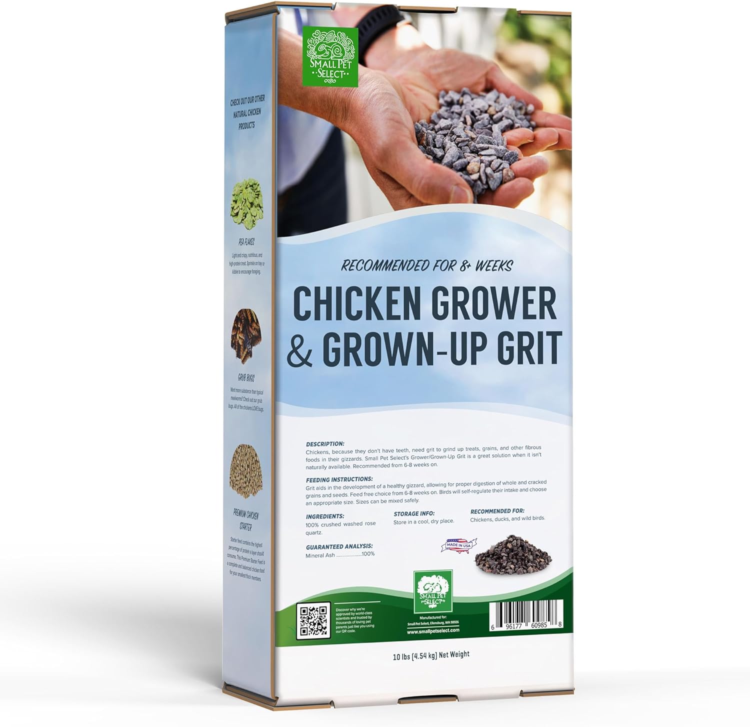 Small Pet Select grower chicken grit in a 10lb bag, suitable for young chickens over 6 weeks, shown in the image.