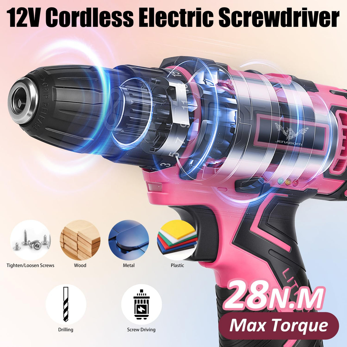 12V Cordless Drill Tool Set Home Tool Set with Pink Drill - JENABOM Official Imagery - 7