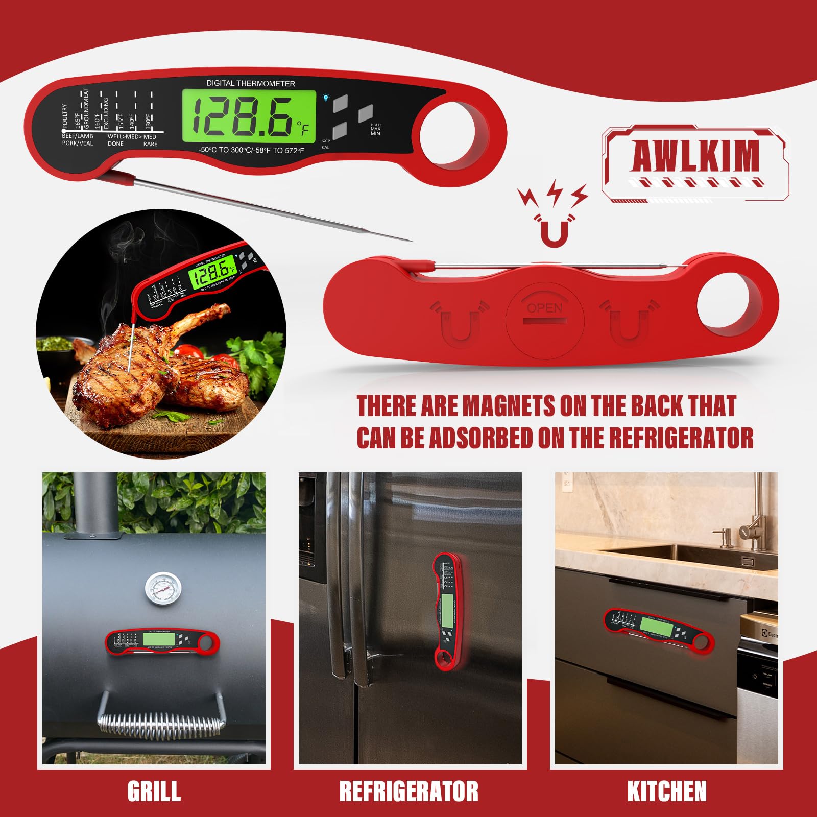 AWLKIM Meat Thermometer Digital, Instant Read Food Thermometer, Red - AWLKIM Official Product View 7