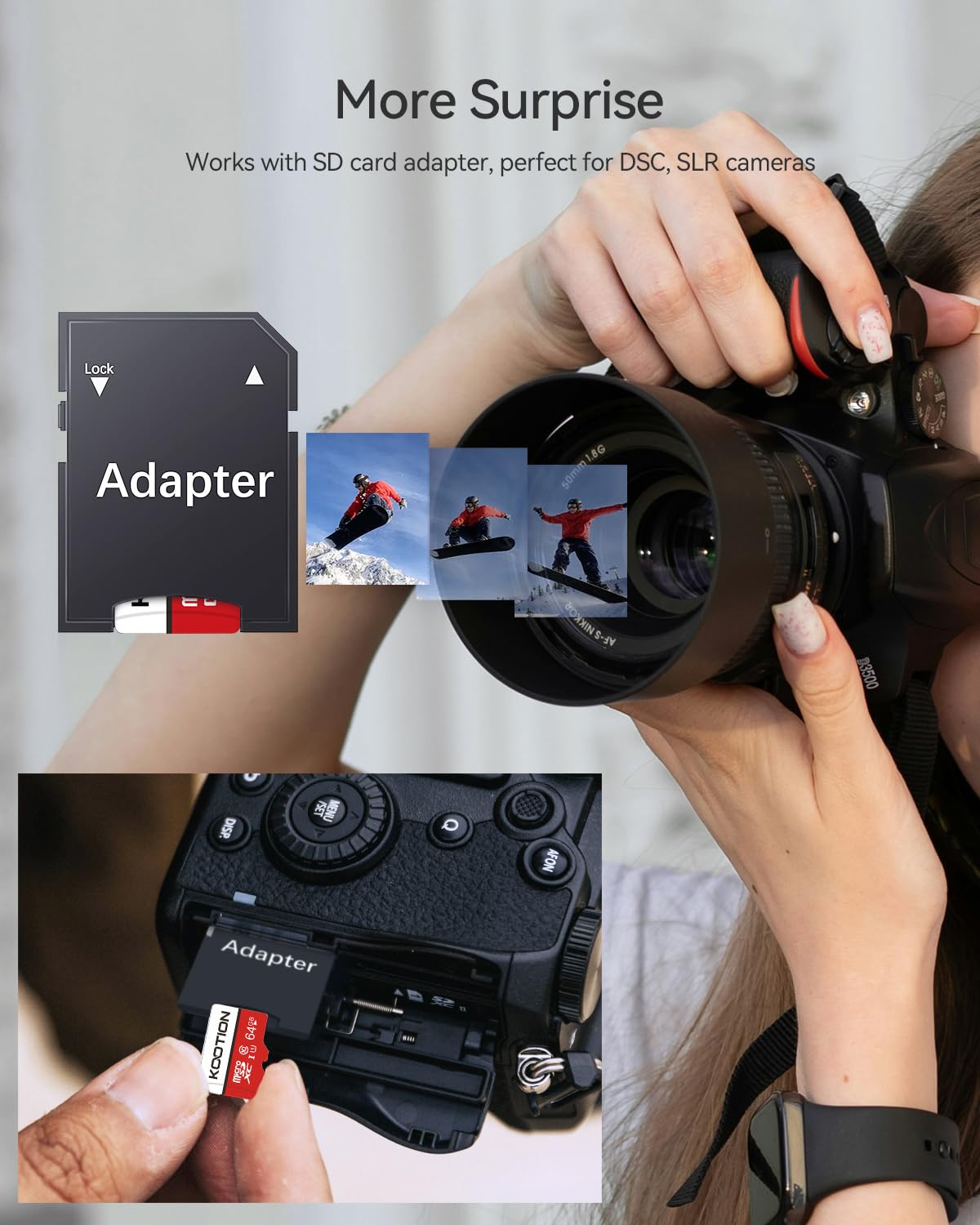 KOOTION 64GB micro SDXC memory cards with adapters, high-speed Class 10 UHS-I flash cards for smartphones and cameras.