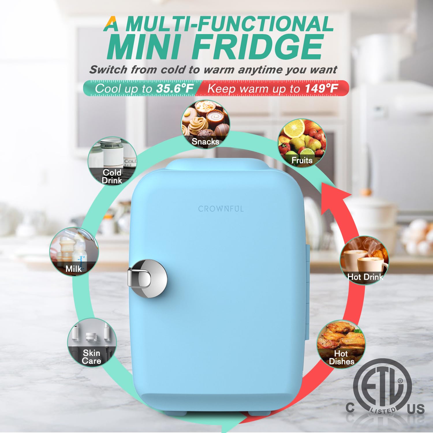 CROWNFUL Mini Fridge, 4 Liter/6 Can Portable Cooler and Warmer - CROWNFUL