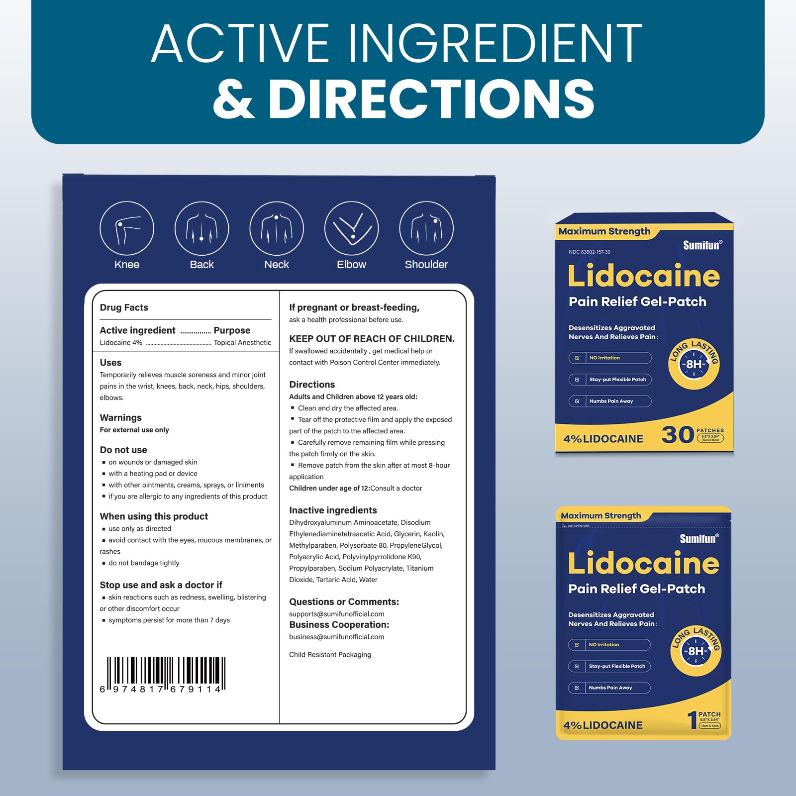 Sumifun 4% Lidocaine Pain Relief Patches 30 Count(Pack of 1)