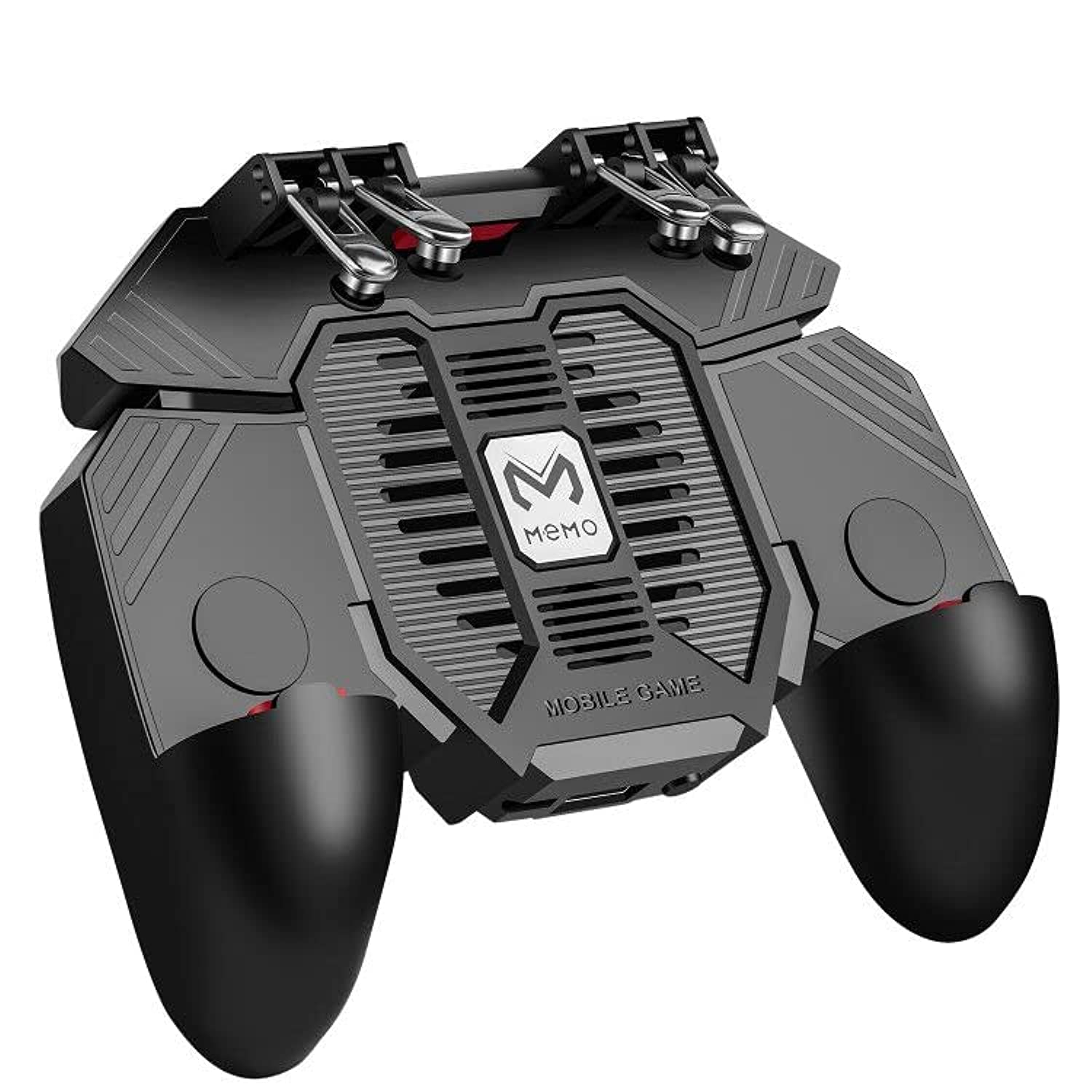 DELAM mobile game controller with built-in cooling fan for iPhone and Android smartphones, featuring ergonomic design and button controls.