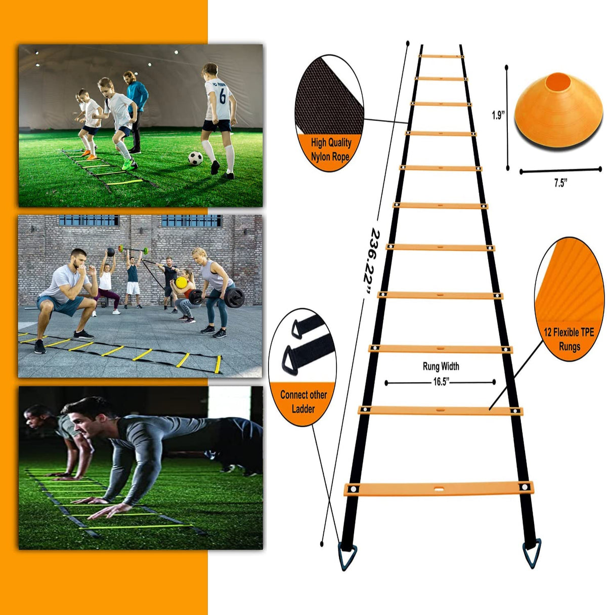 Agility Ladder Set 20ft 4 Hurdles 12 Soccer Cones Jump Rope - ENDIESS Official Imagery - 4