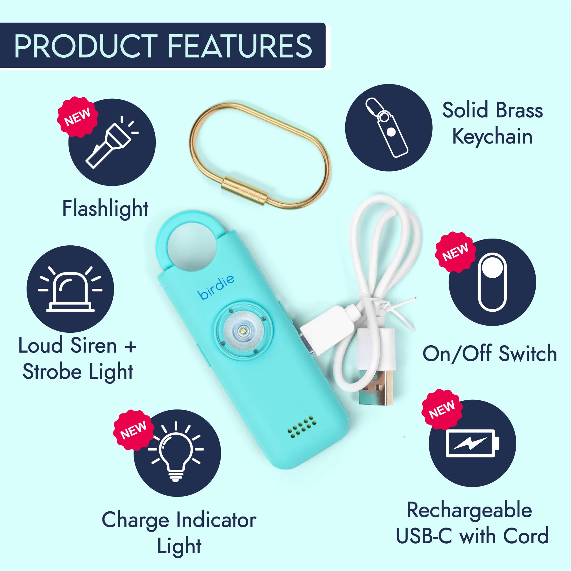 She's Birdie 3.0 personal safety alarm for women with a loud siren, flashlight, and rechargeable battery in aqua blue color.