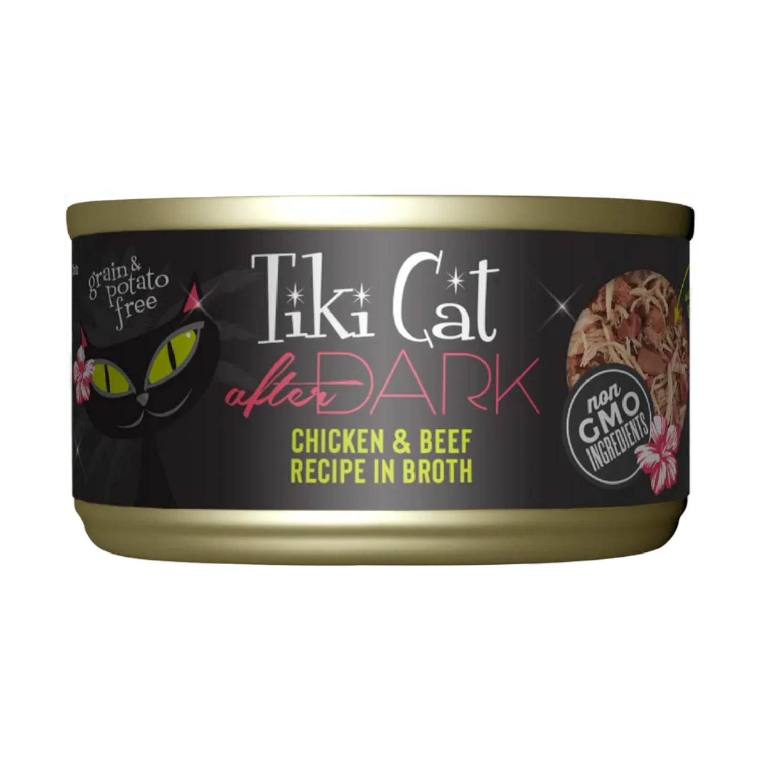 Cans of TIKI PETS Cat After Dark Grain-Free low-carb wet cat food with real meat, showcasing the product packaging.