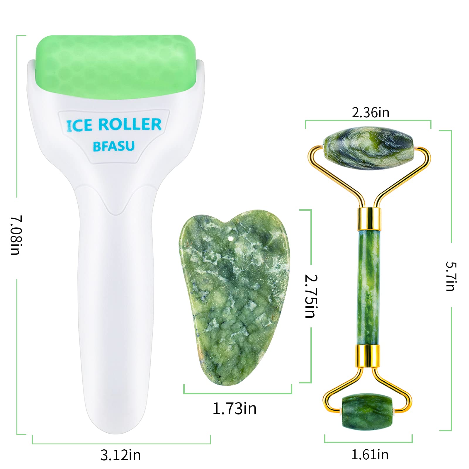 BFASU 3-in-1 facial roller set with ice, jade, and Gua Sha tools for skincare massage and facial relaxation.