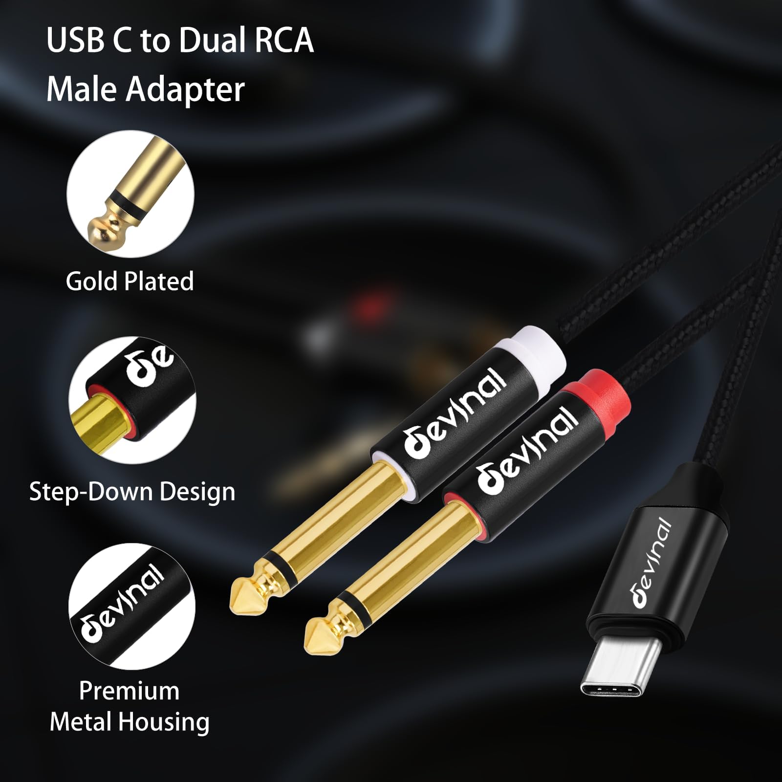 Devinal USB C to 1/4" inch Audio Cable, Type C to Dual 6.35mm TRS by Devinal - Angle View 3
