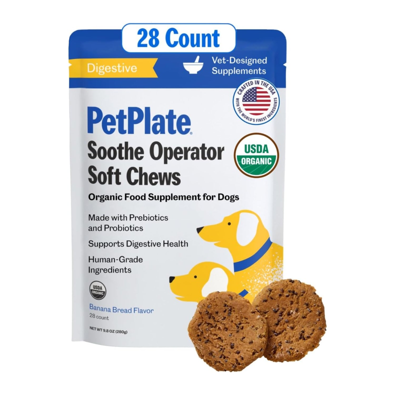 Elefair PetPlate Soothe Operater Digestive Soft Chews for Dogs with prebiotics and probiotics, shown in a close-up image.