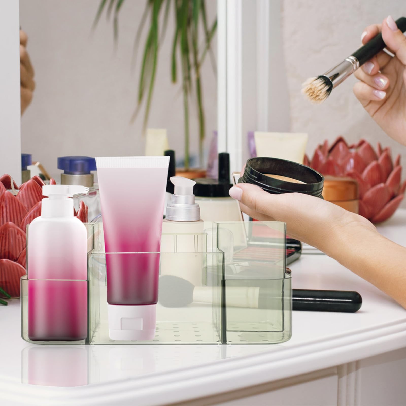 FESTFENDS wall-mounted makeup organizer caddy with multiple compartments, semi-transparent green bathroom storage for cosmetics and skincare