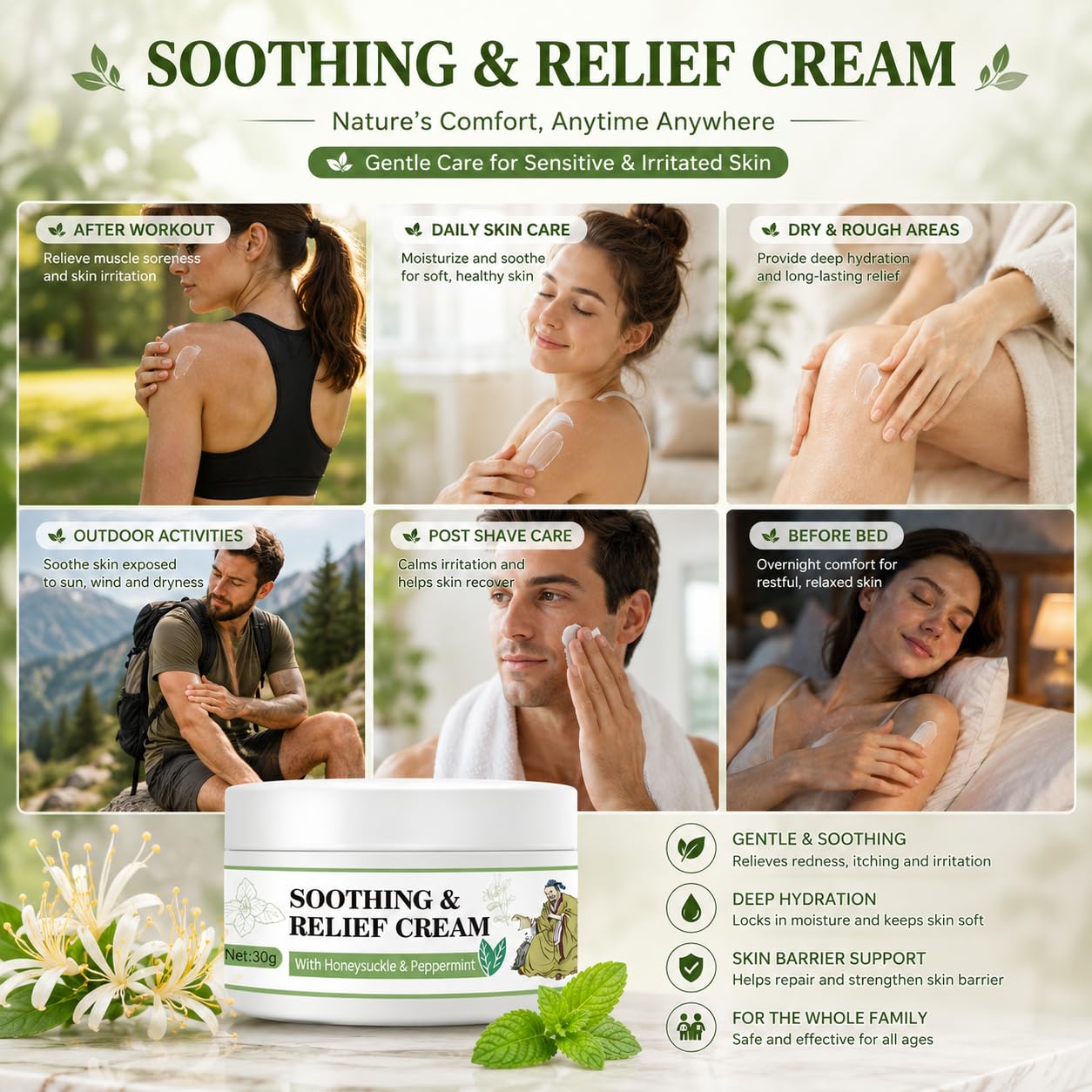 LFuTPm Smoothing Relief Cream with honeysuckle, arnica, and MSM in a 1oz jar, designed to soothe and hydrate skin.