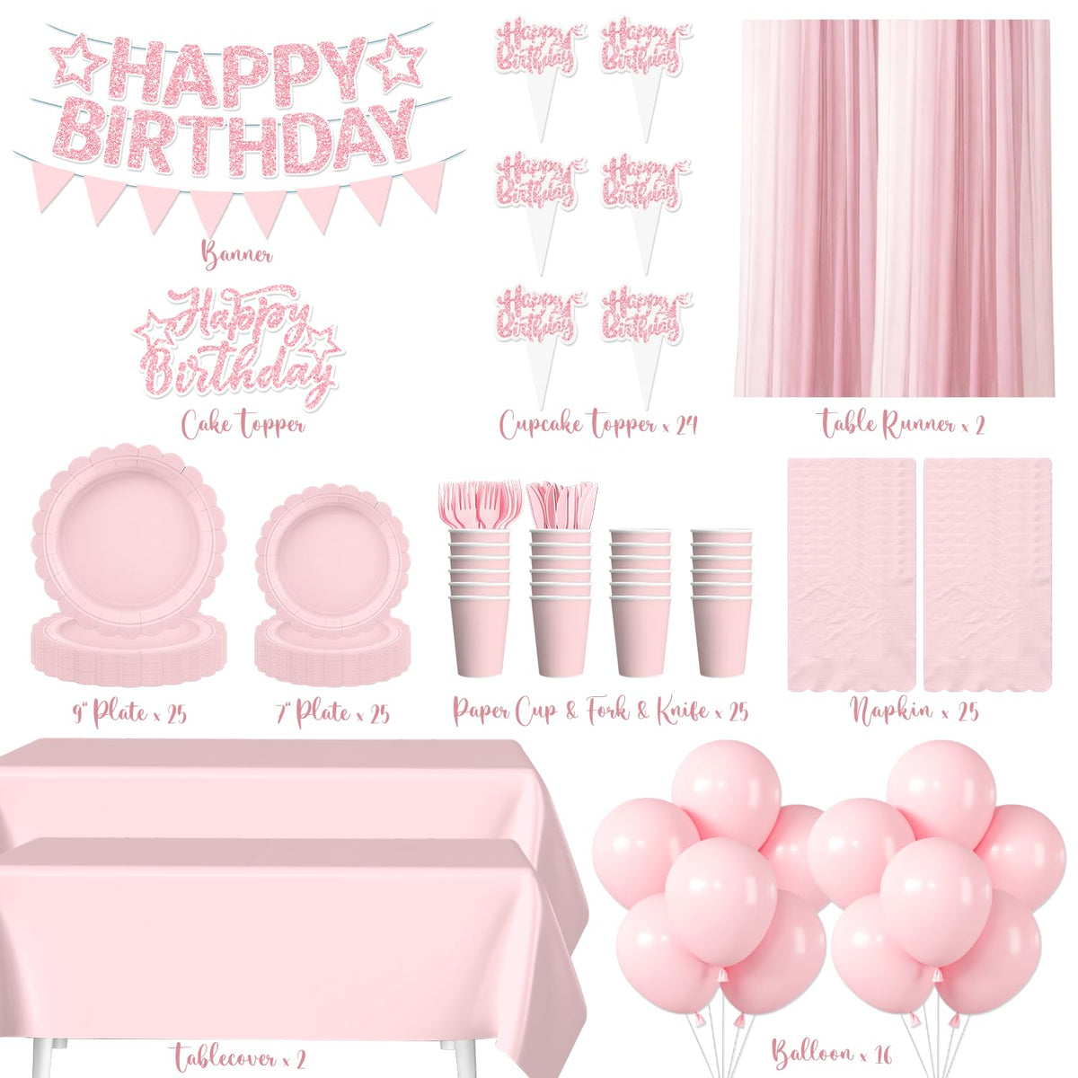 196Pcs Pink Birthday Party Decorations Tableware Set Serves - Yingoto Official Imagery - 4