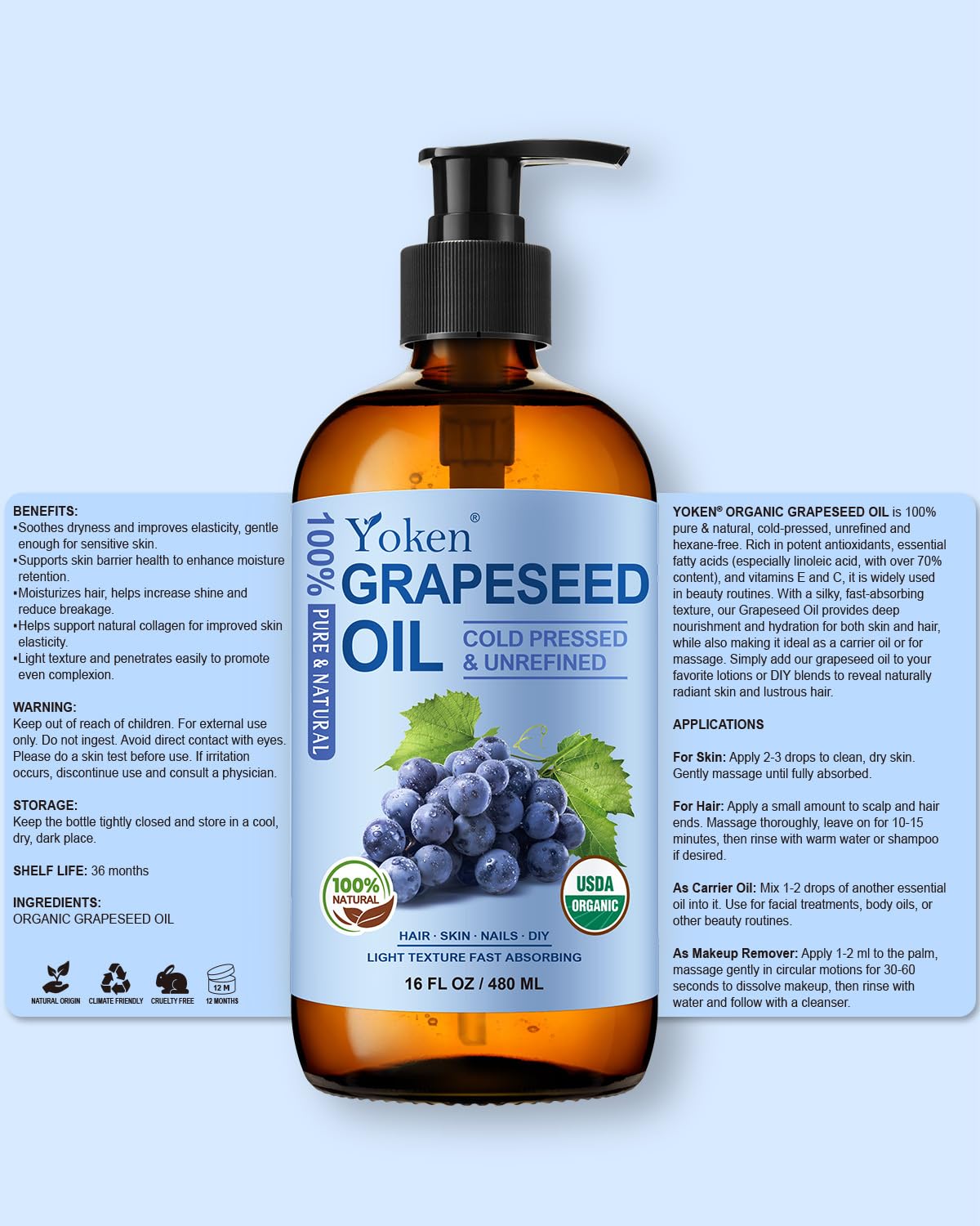 Yoken Organic Grapeseed Oil 16 oz Glass Bottle Cold Pressed - Yoken Official Imagery - 8
