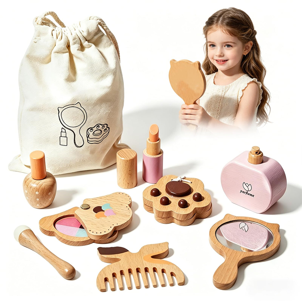 Brownroot Wooden Pretend Makeup Kit Toy Set for Girls with - BROWNROOT Official Imagery - 1