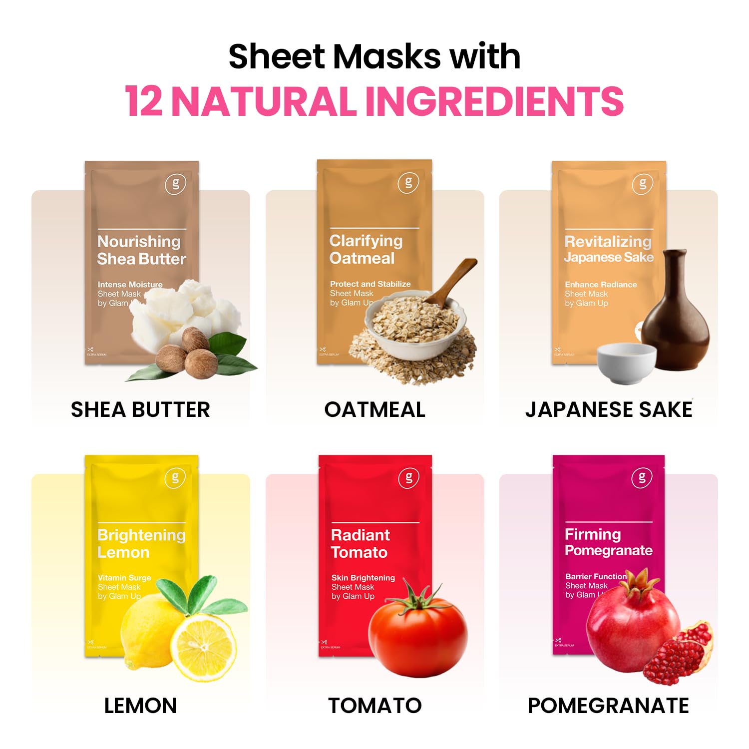 GLAM UP Korean Facial Sheet Mask 12 Pack – Hydrating Glass Skin - GLAM UP