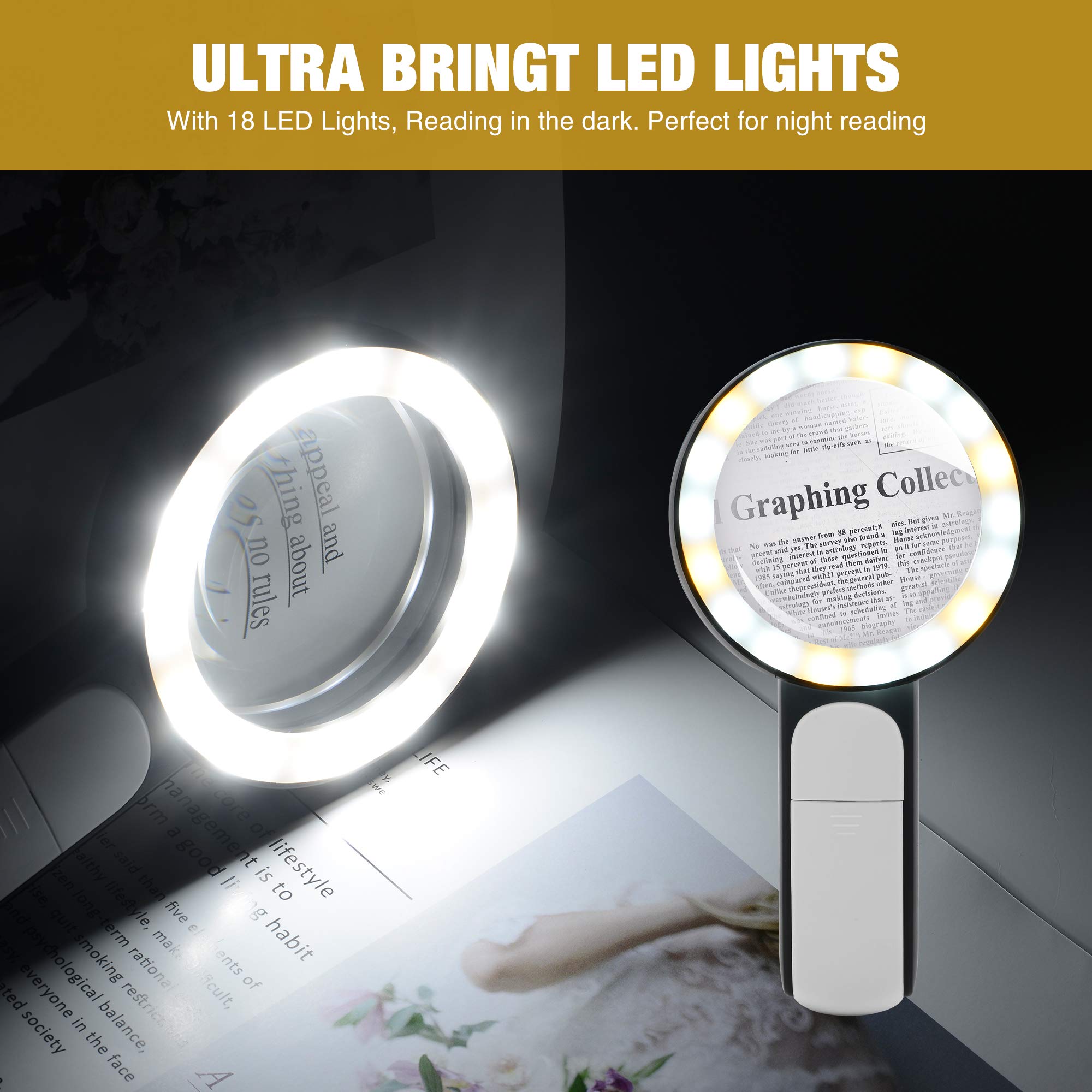 JMH Magnifying Glass with Light, Handheld Large Magnifying Glass by JMH - Angle View 7