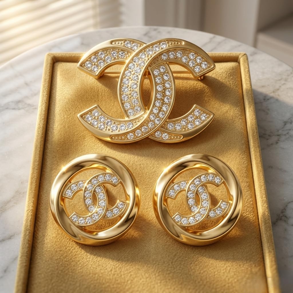 Gold Tone Crystal Brooch and Round Stud Earrings Jewelry Set - Obluchye Official Imagery - 3