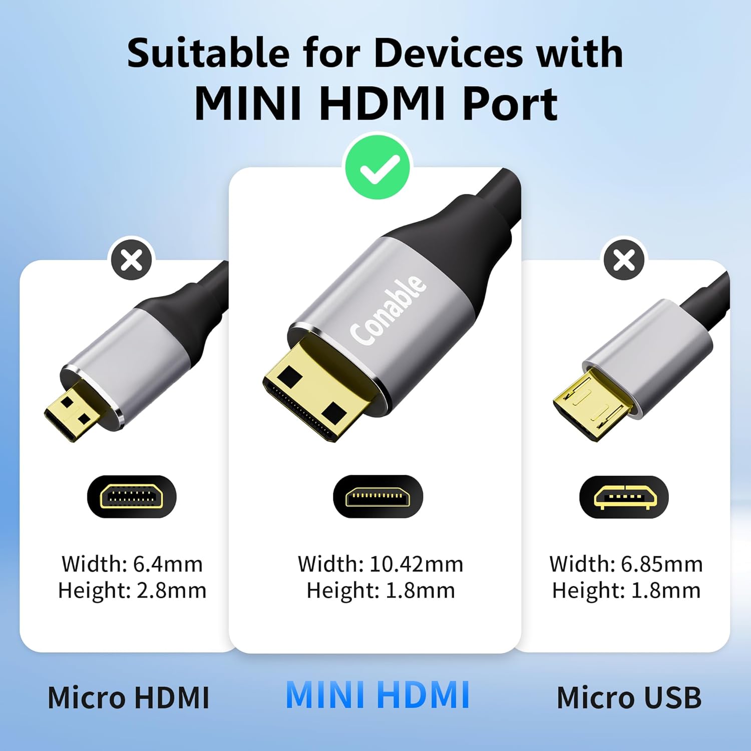 Conable HDMI to Mini HDMI cable, 20 FT high-speed 2.0 cord, 4K@60Hz, bi-directional, for connecting devices with HDMI and Mini HDMI ports.