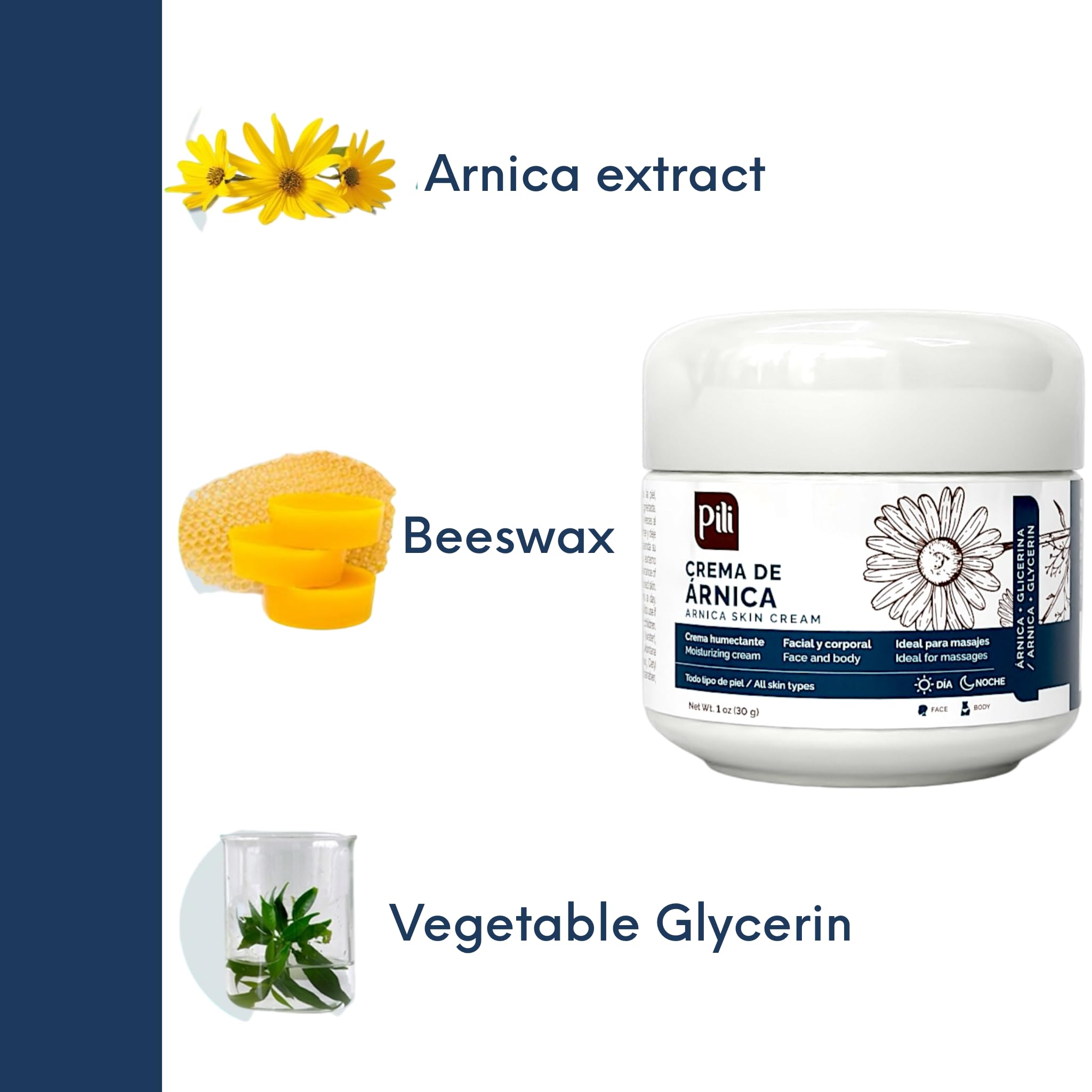 Pili Natural Arnica Cream hydrating moisturizer for face and body, soothing dry, bruised, and irritated skin, fast-absorbing and unscented.