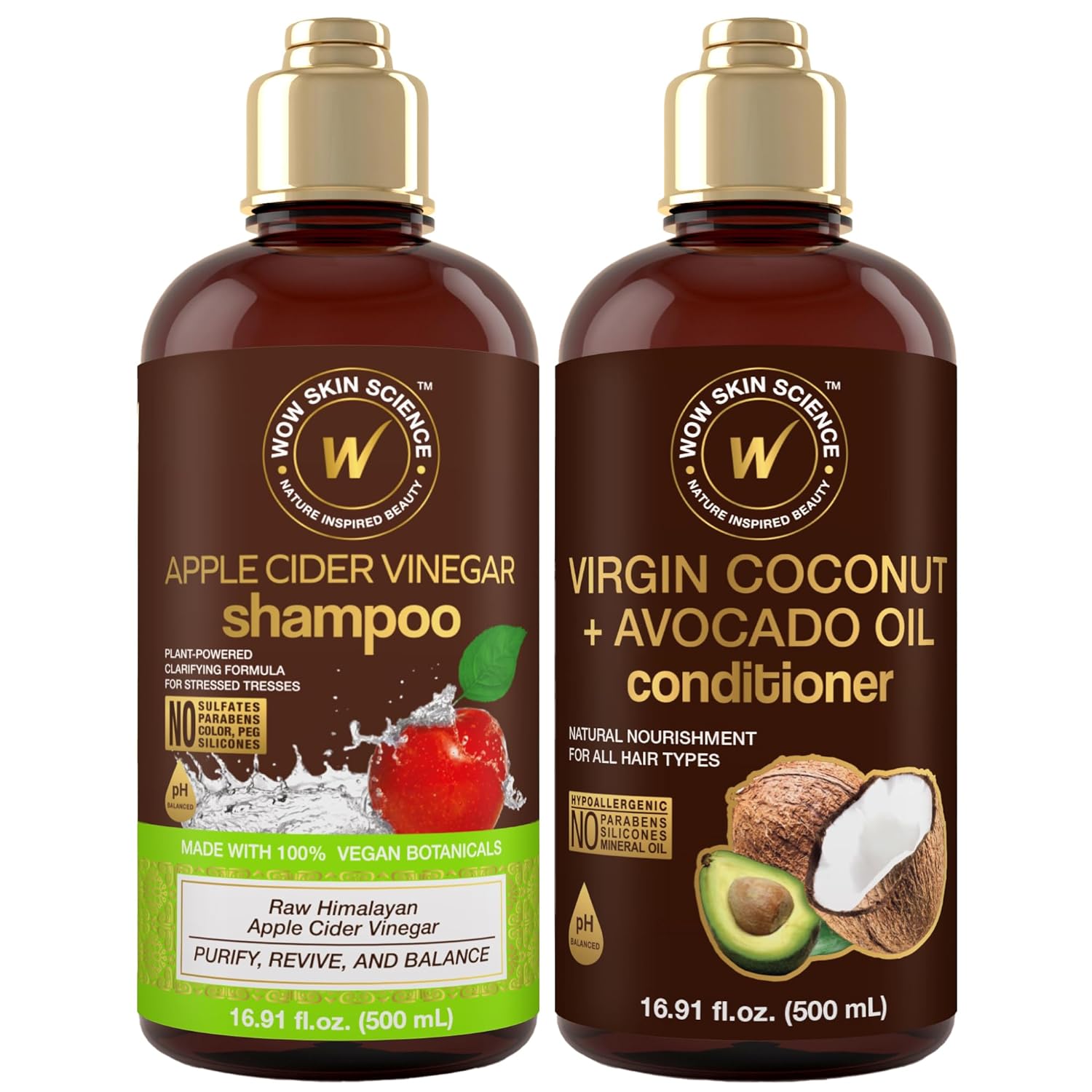 WOW Skin Science Apple Cider Vinegar Shampoo and Coconut + Avocado Oil Conditioner duo in 16.9 oz bottles, showing the bottles and labels.