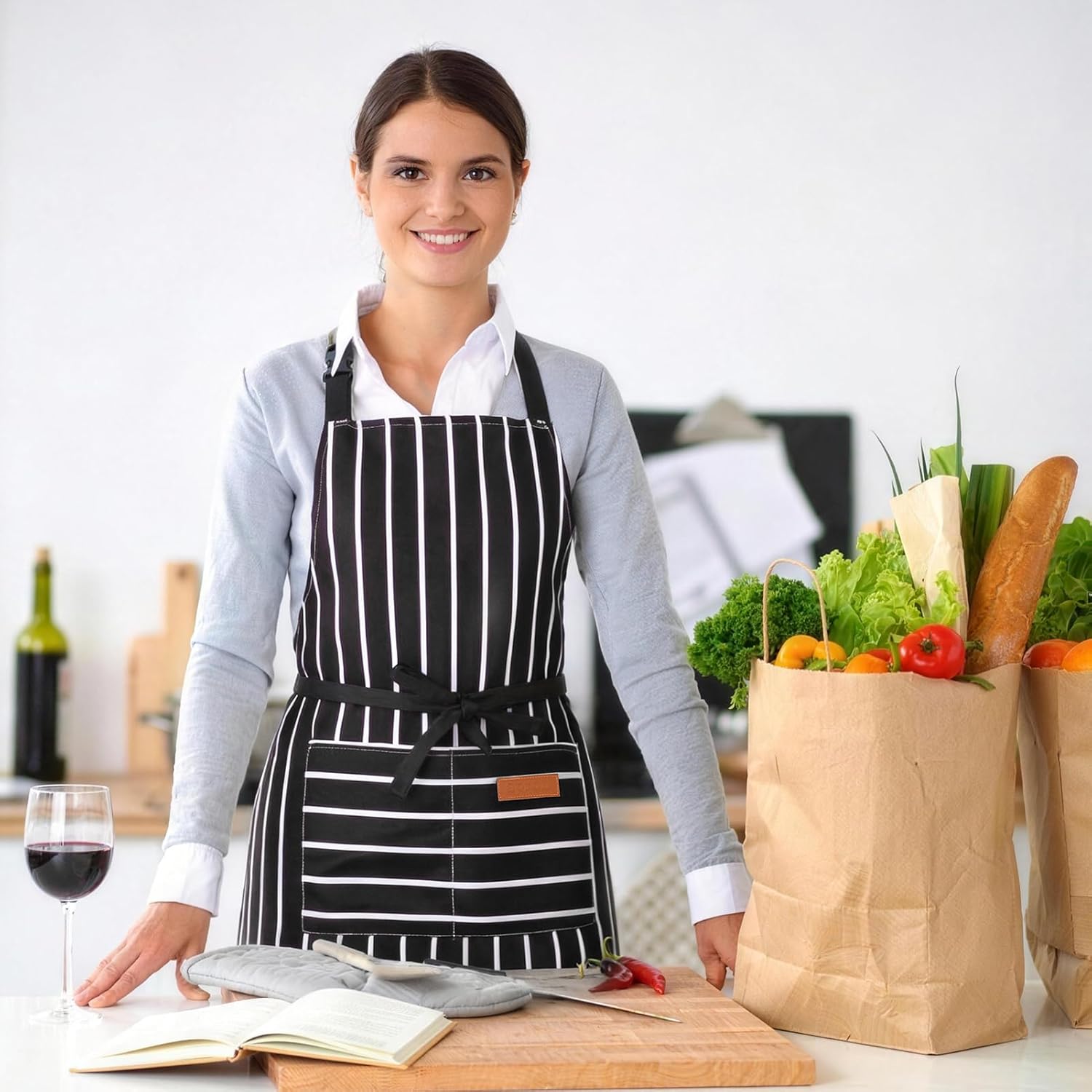 XLSXEXCL double-sided adjustable chef apron with 2 pockets, suitable for cooking, gardening, and art painting for women and men