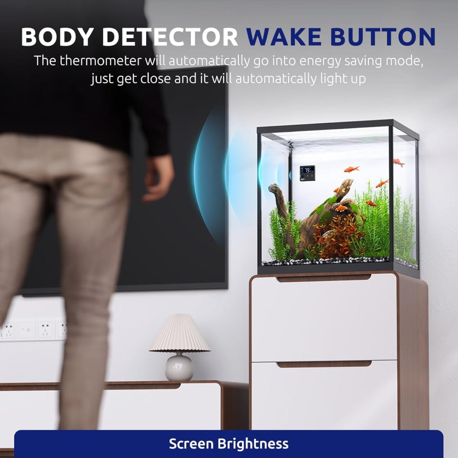 Digital aquarium thermometer with motion sensor from SEAOURA, showing temperature reading inside a glass fish tank.