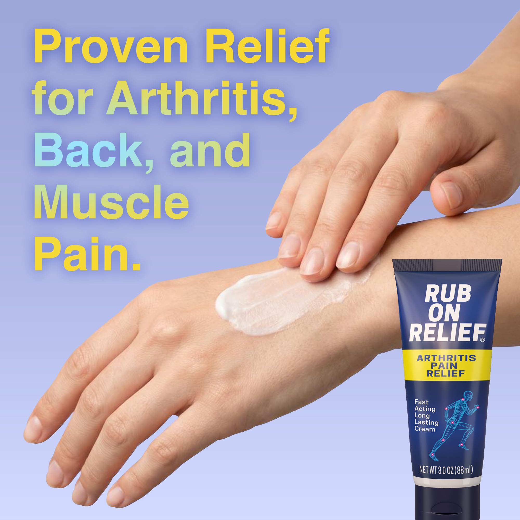 Rub On Relief Arthritis Pain Relief Cream 10-in-1 in 3oz tube, showing the medication container and label details.