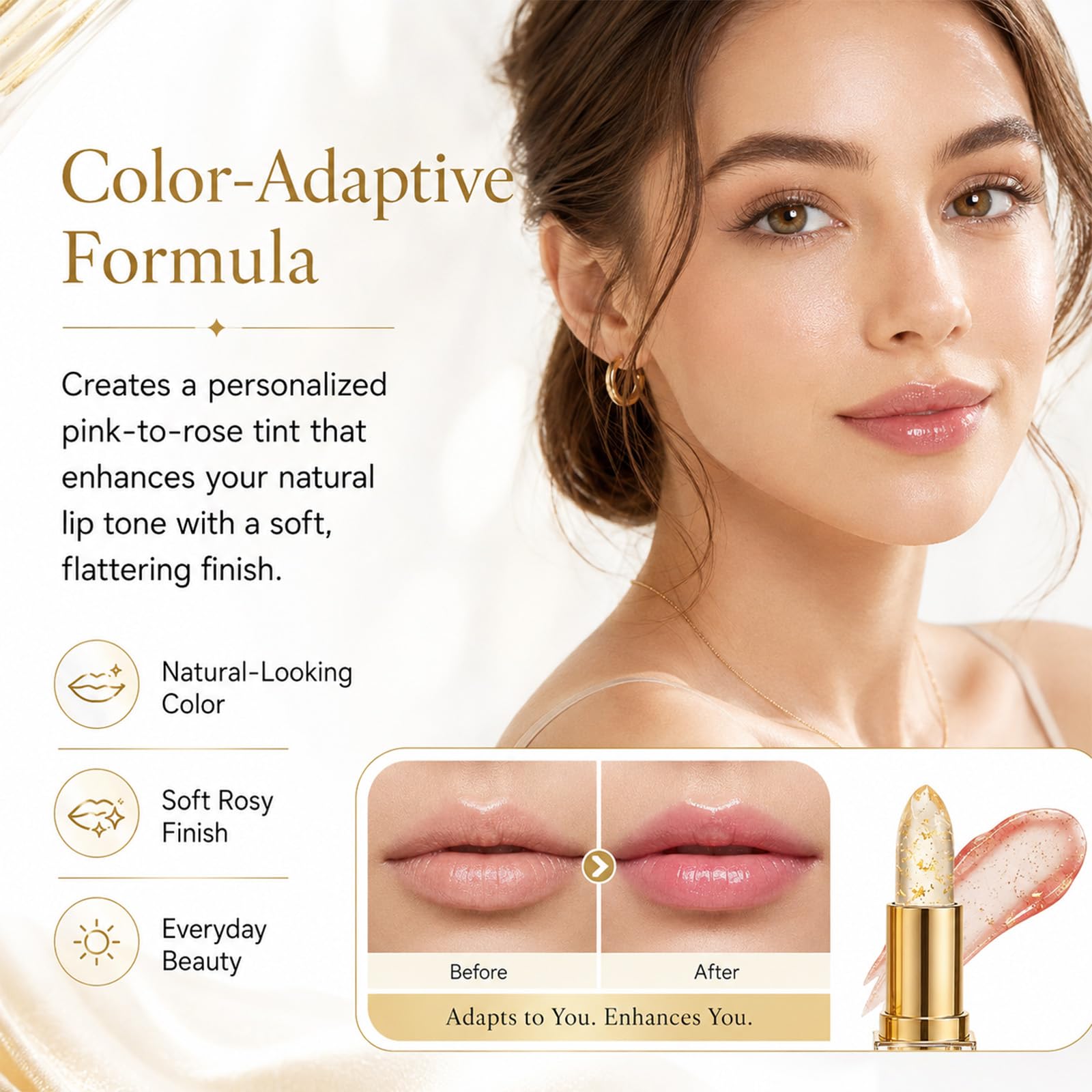 RCSCBC Kivora color-adaptive moisturizing lip tint in a sleek lipstick tube, showcasing a vibrant, glossy lip color.